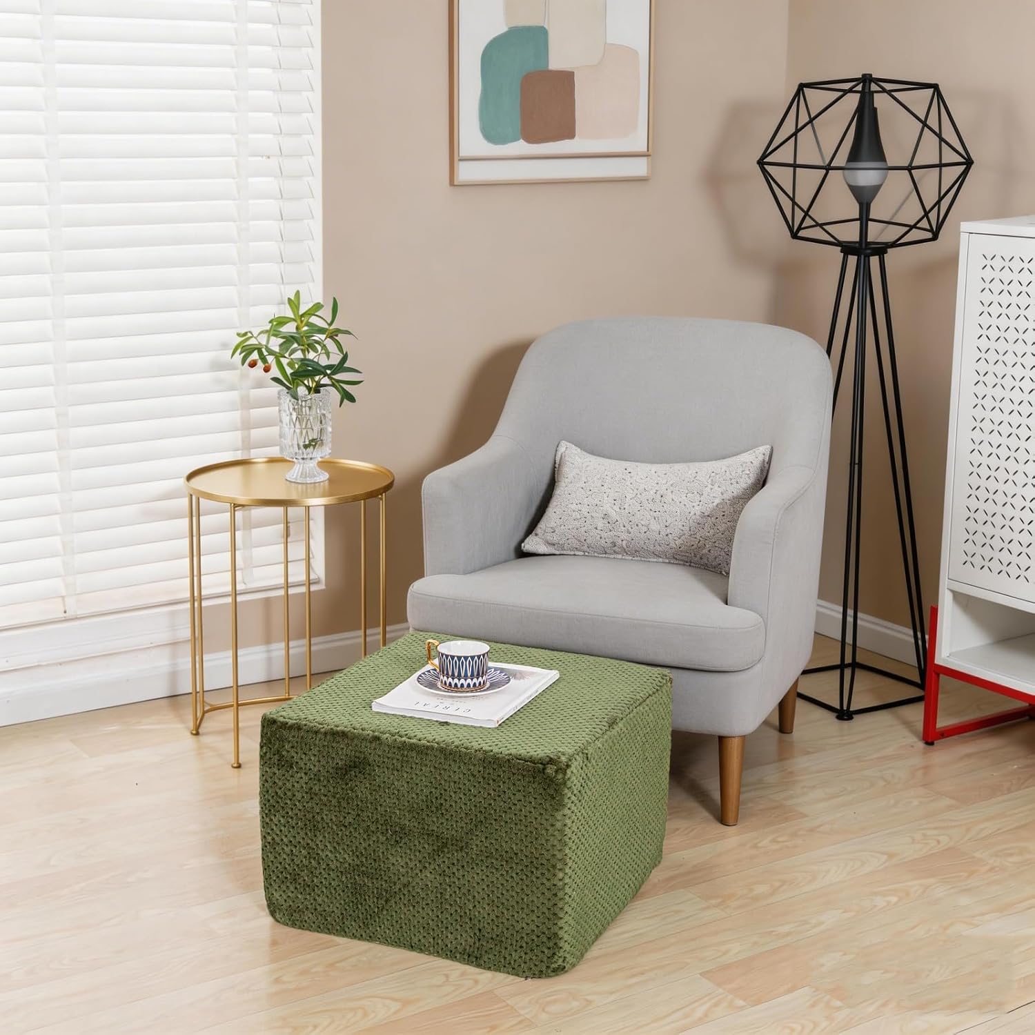 Furry Square Pouf Ottoman – 20"x14" One-Piece Seamless Integral Foam Foot Stool Ottoman Foot Rest Living Room Bedroom Under Desk (Green)