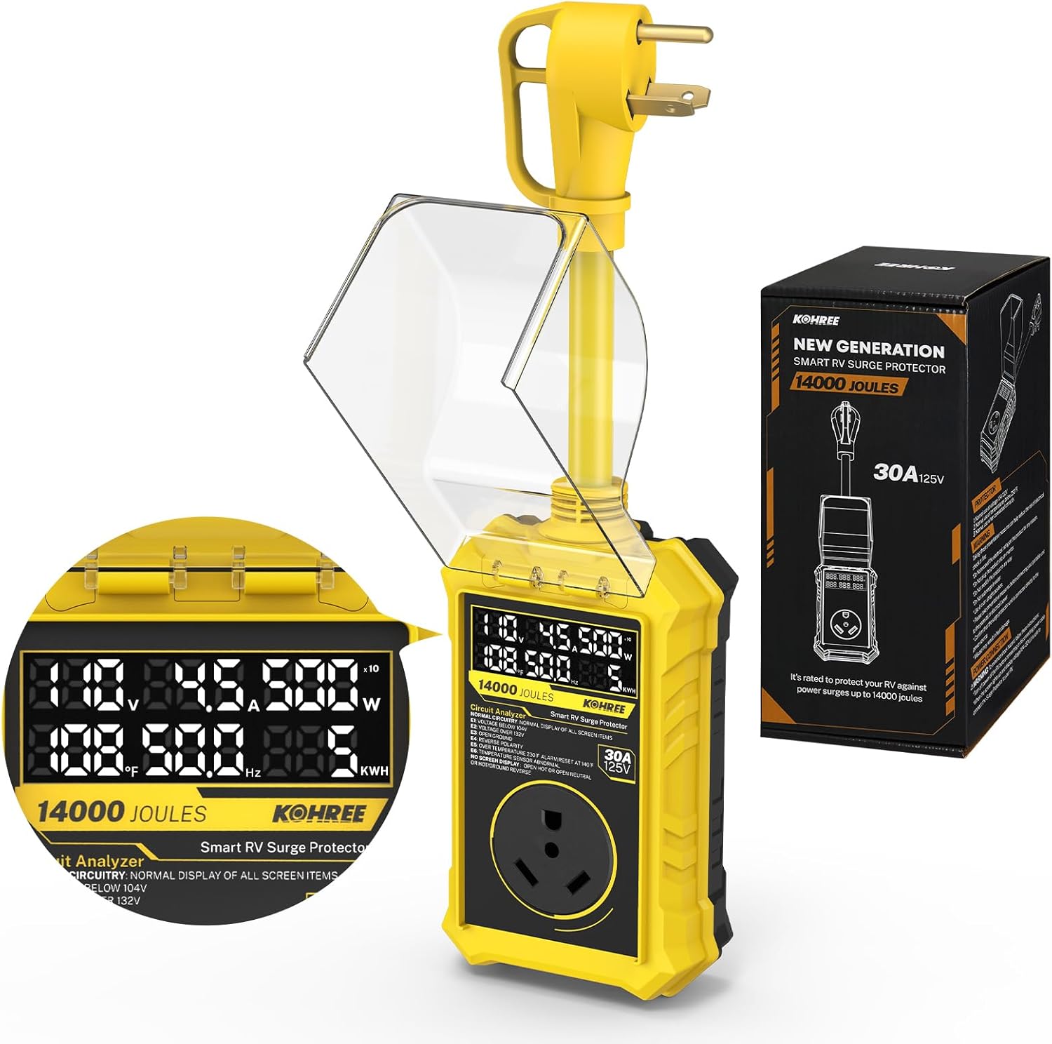 Kohree RV Surge Protector 30 Amp with LED Real-time Large Screen Display Voltage Current KWH, 14000 Joules Auto Shut Off, Circuit Analyzer RV Power Surge Protector Waterproof for Camper, Yellow
