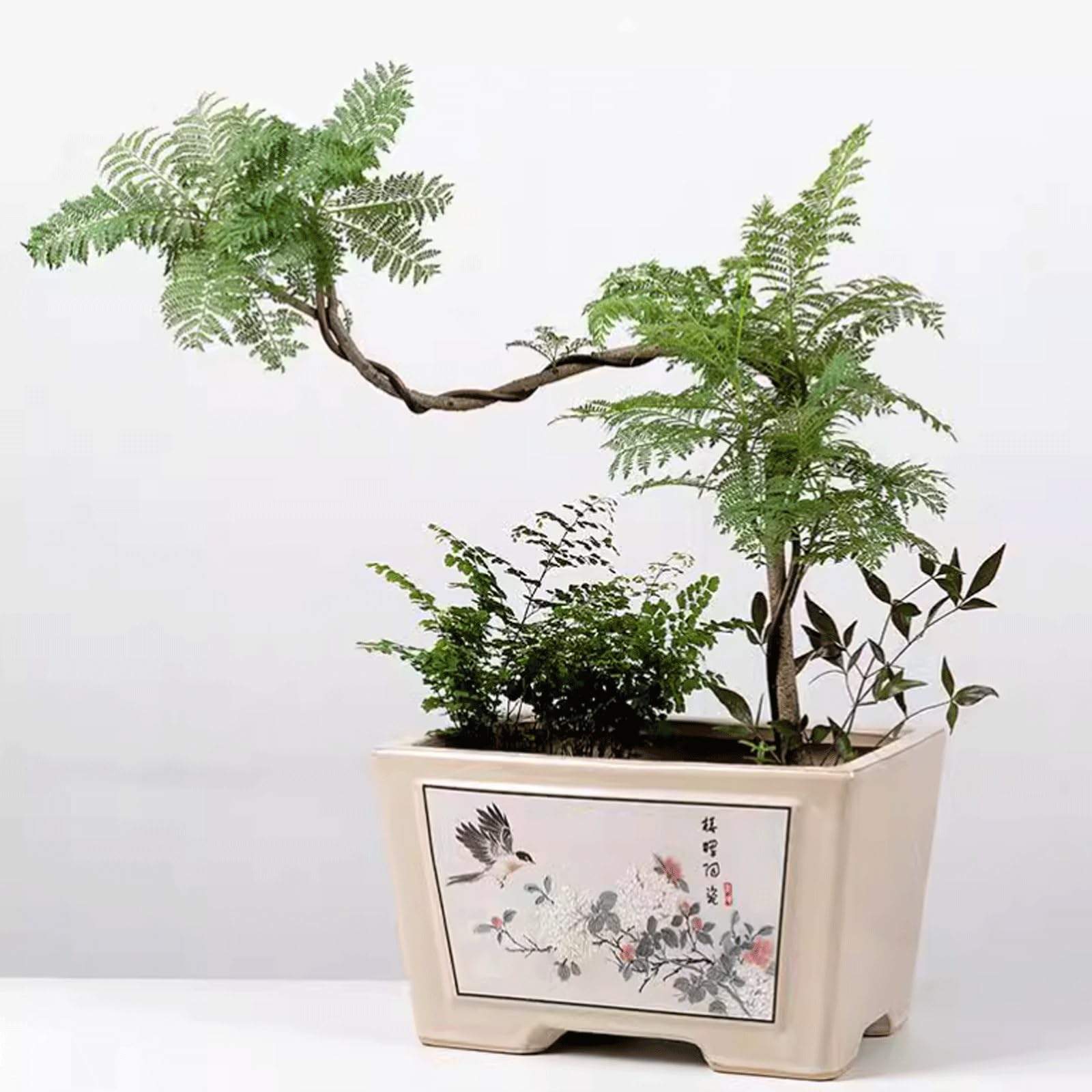 Dekoracyjna prostokątna doniczka bonsai wykonana z glazurowanej ceramiki z chińskim wzorem kwiatów i ptaków, kreatywna doniczka na kwiaty orchidei na balkon, werandę i taras