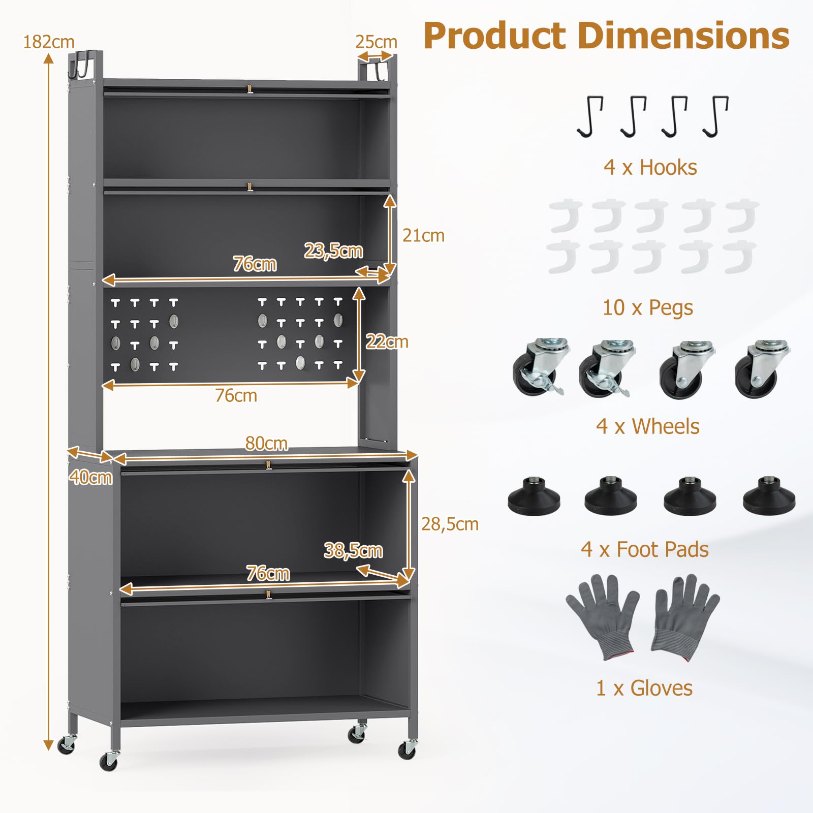 GIANTEX Meuble de Cuisine Haut 6 Niveaux, Buffet Cuisine Rangement avec roulettes, 10 Crochets, Portes Rabattable, Panneau Perforé, Meuble Vitrine en Acier, pour Salon, Salle à Manger (Gris)