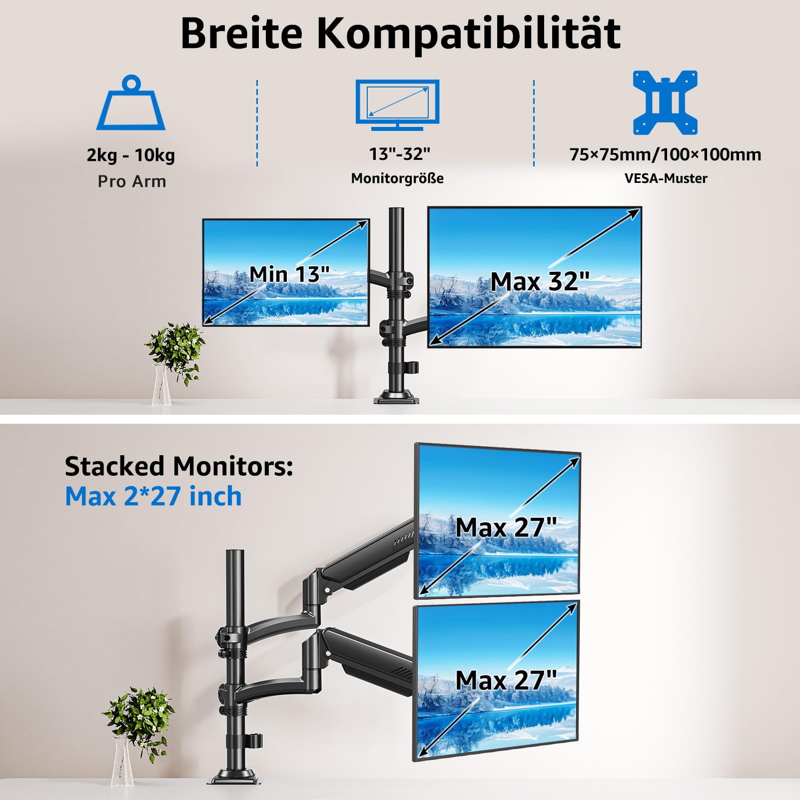 MOUNTUP Monitor Halterung 2 Monitore 13 bis 32 Zoll Hält 2-10 kg | Höhenverstellbar Dual Monitore Monitor Halterung mit Kabelführung, flexibel neigen schwenken drehen, VESA 75/100mm