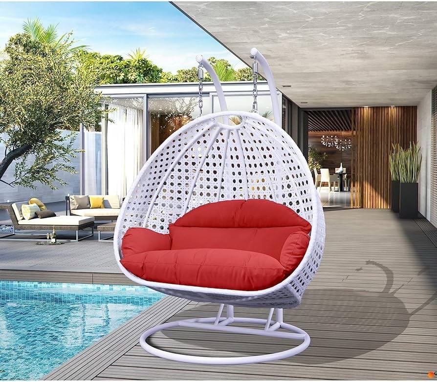 Image of Double Seater Hammock Swing Chair with Stand & Cushion | Heavy Duty Powder Coated Steel Frame | Outdoor Indoor Hanging Swing for Patio Balcony Garden Terrace Living Room (White-RED)