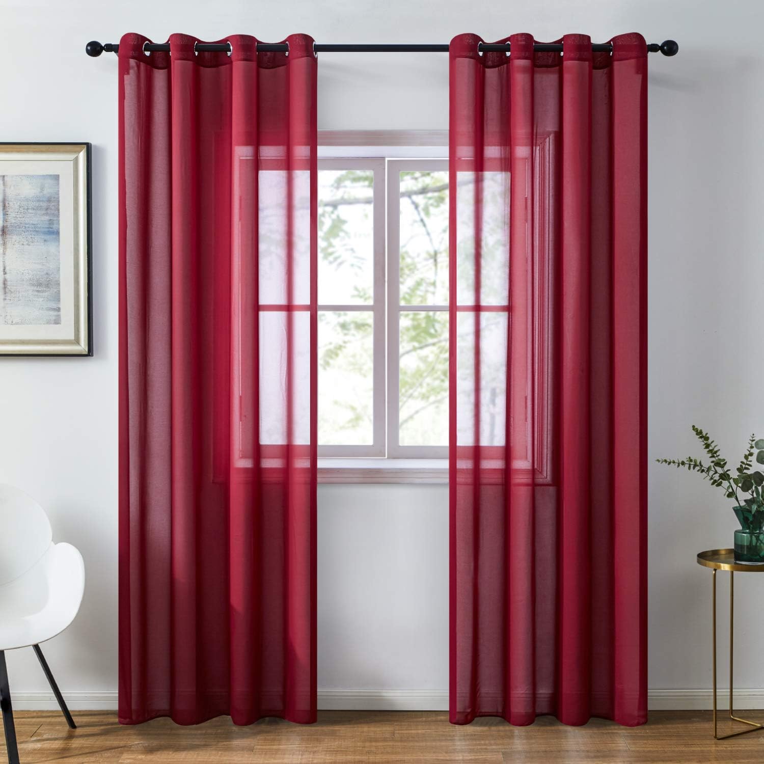 Topfinel Chiffon Burgundy Sheer Curtains 96 Inches Long for Doorway Soft Solid Grommet Window Curtains, 2 Panels