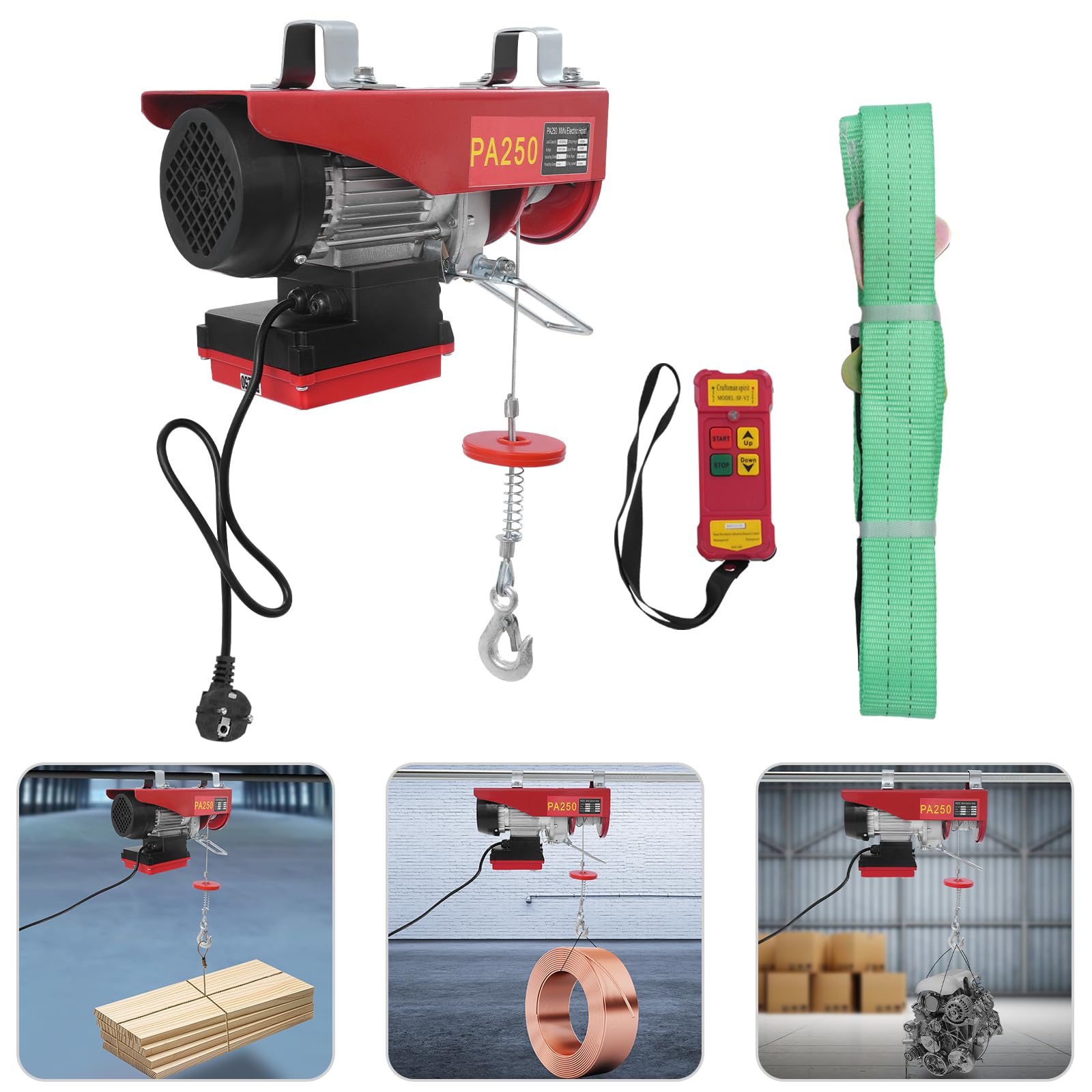 Cabrestante eléctrico, polipasto eléctrico, polea eléctrica con mando a distancia inalámbrico, cable eléctrico, suspensión simple y doble (250 kg)