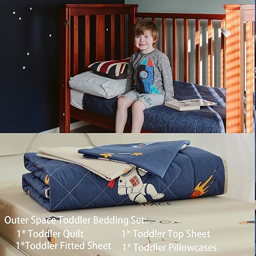 Miniatura 4 de Brandream Juego de ropa de cama espacial para niños pequeños, astronautas, cohete y galaxia, juego de sábanas para niñas, incluye edredón, sábana