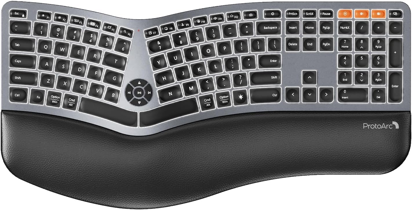 ProtoArc Teclado ergonómico inalámbrico retroiluminado, teclado EK01 Plus Ergo con reposamuñecas, diseño dividido, carga USB-C, Bluetooth y USB, escritura natural compatible con Windows/Mac/Android