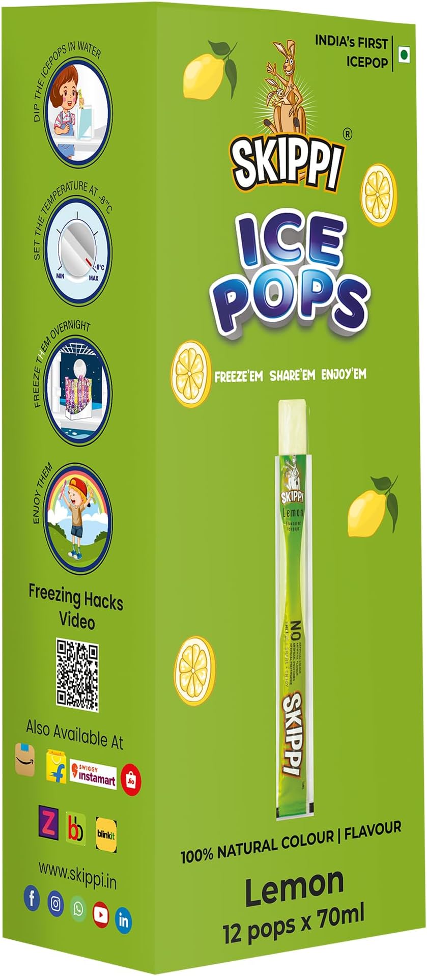 Skippi Icepops Freezer Pops, Juice Bars, Fat Free Ice Pops - Lemon Flavour (Box of 12 Pops)