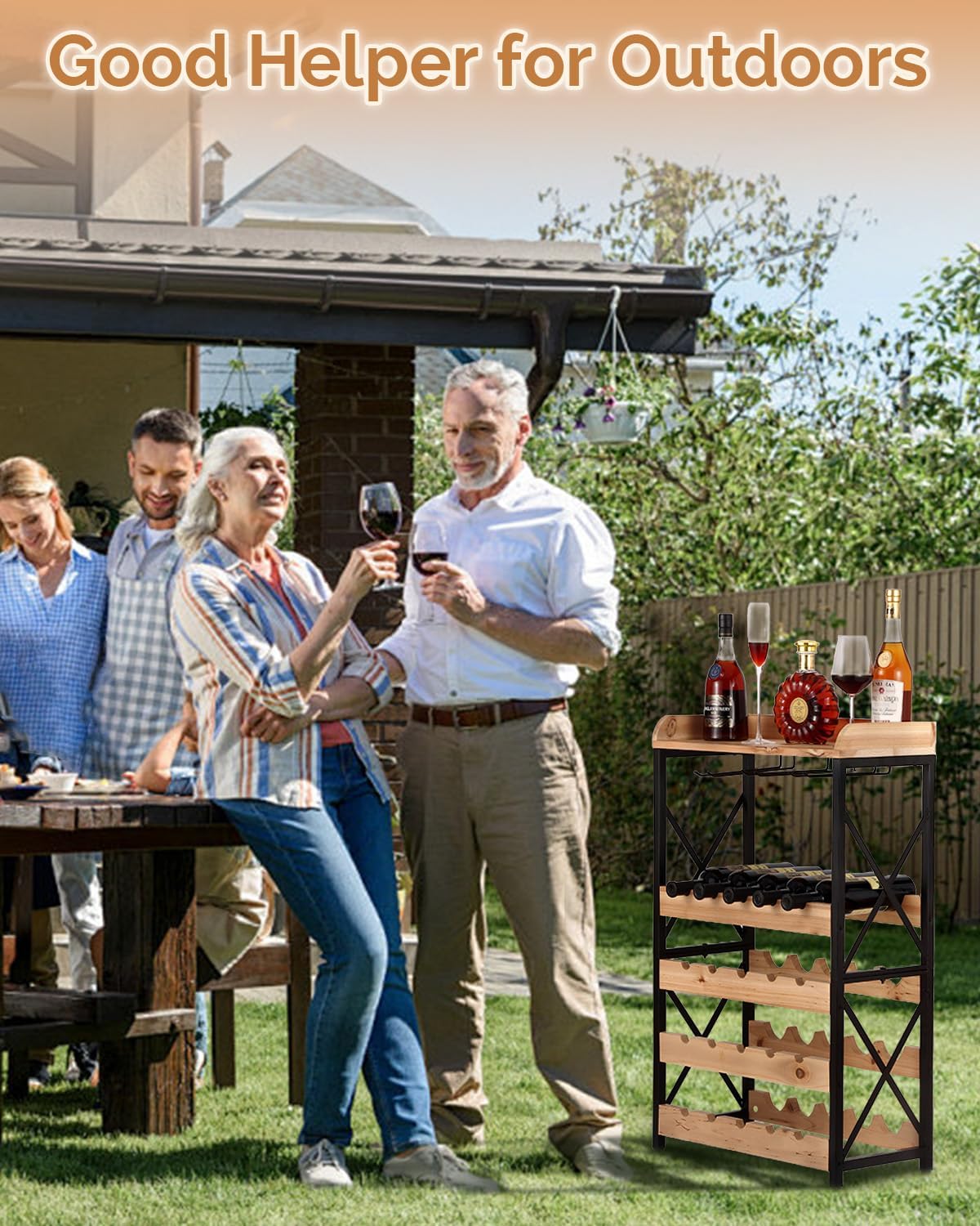 KATHY&BOB Morden Wood Wine Rack Freestanding Floor, 5-Tier Wine Storage Shelf with Wobble-Free Countertop, 20-Bottle Stackable Wine Glass Holder Rack for Home Bar Kitchen Dining Room (Wood, Small)