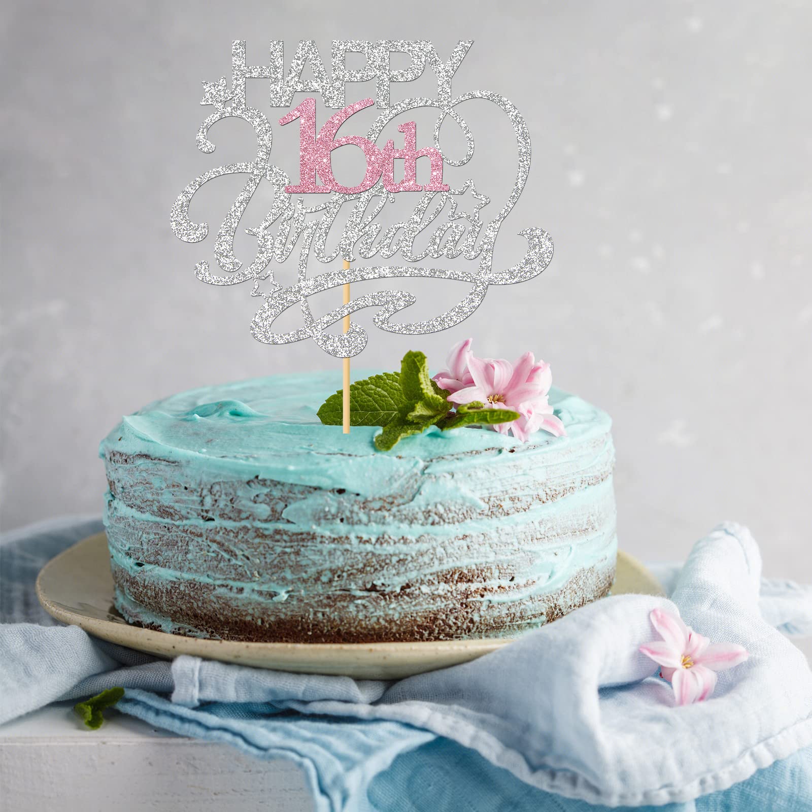 „Cheers To 16 Years“ Kuchendeko – Silber & Rosa Glitzer, Für Teenager-Mädchen
