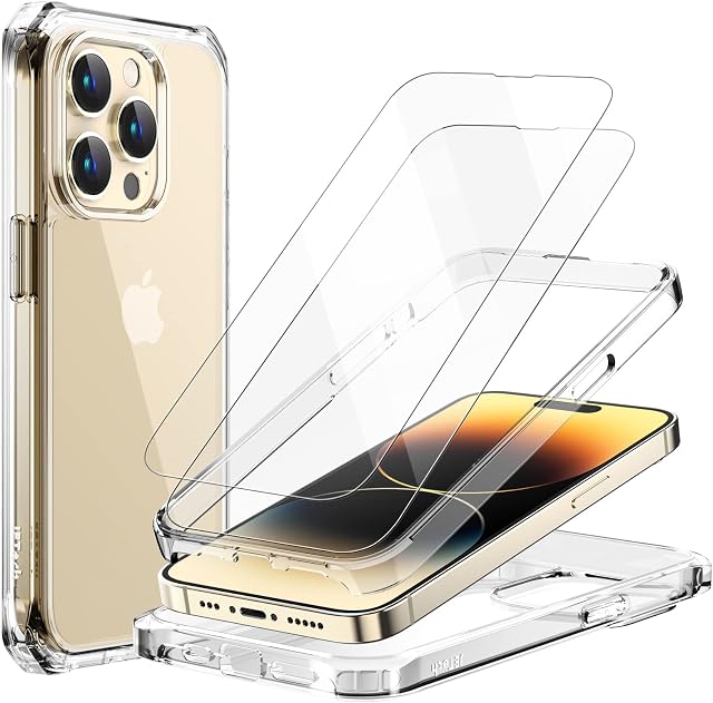 JETech Case for iPhone 14 Pro 6.1-Inch with 2-Pack Tempered Glass Screen Protector, 360 Full Body Shockproof Bumper Phone Cover Protective Clear Back (Clear)