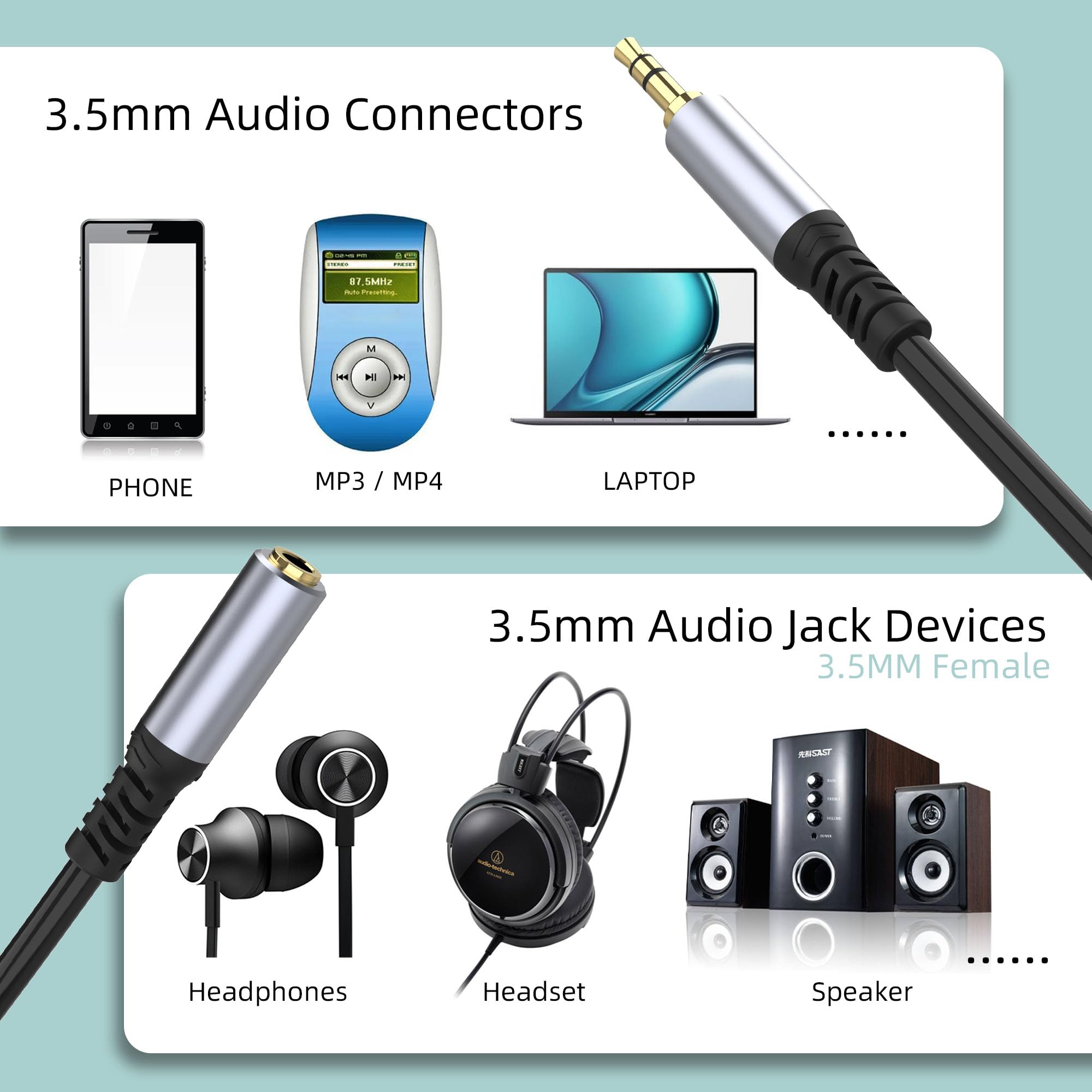Câble d'extension de casque (1 m), câble d'extension audio jack auxiliaire 3,5 mm mâle vers femelle, plaqué or 24 carats, cordon d'extension auxiliaire pour casque, iPhone, iPad, smartphones