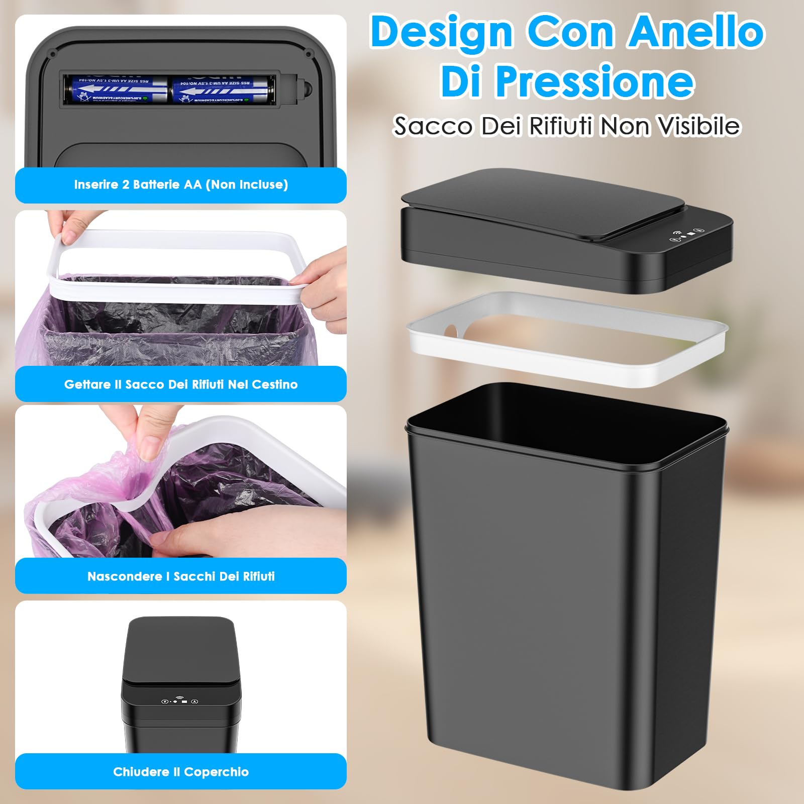 2 Cestino Bagno Pattumiera, Cestino Spazzatura Bagno Piccola da 15L & 12 litri, 3 Modalità di Funzionamento, Cestino Intelligente Silenzioso e Impermeabile, per Cucina, Ufficio, Soggiorno