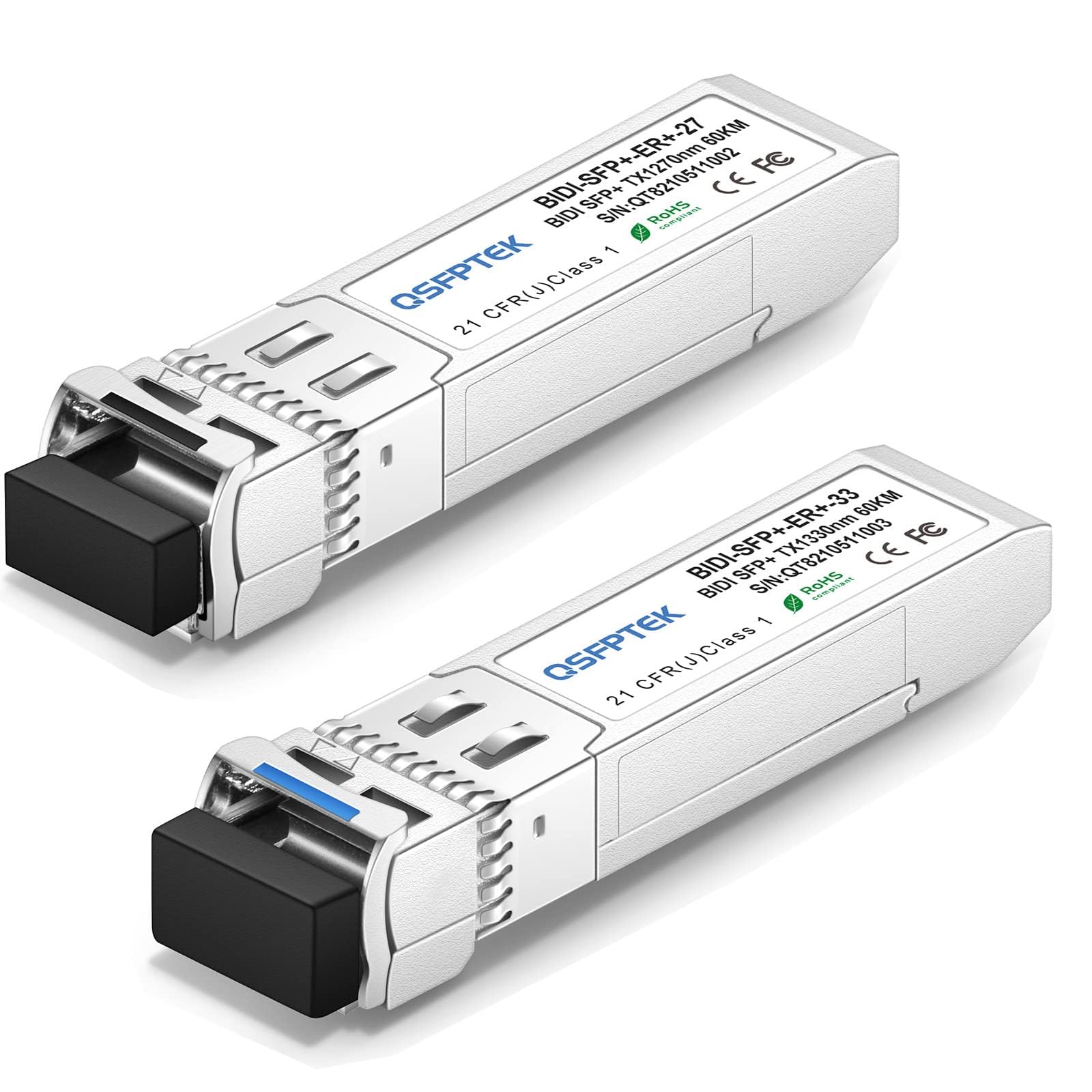 QSFPTEK 1Paire 10GBASE-BIDI SFP+ SMF jusqu'à 60km, 10Gbe d'émetteur-récepteur SMF Mini Module GBIC Compatible avec Cisco SFP-10G-BX60U/SFP-10G-BX60D 1270nm/1330nm-TX/1330nm/1270nm-RX 60km DDM LC