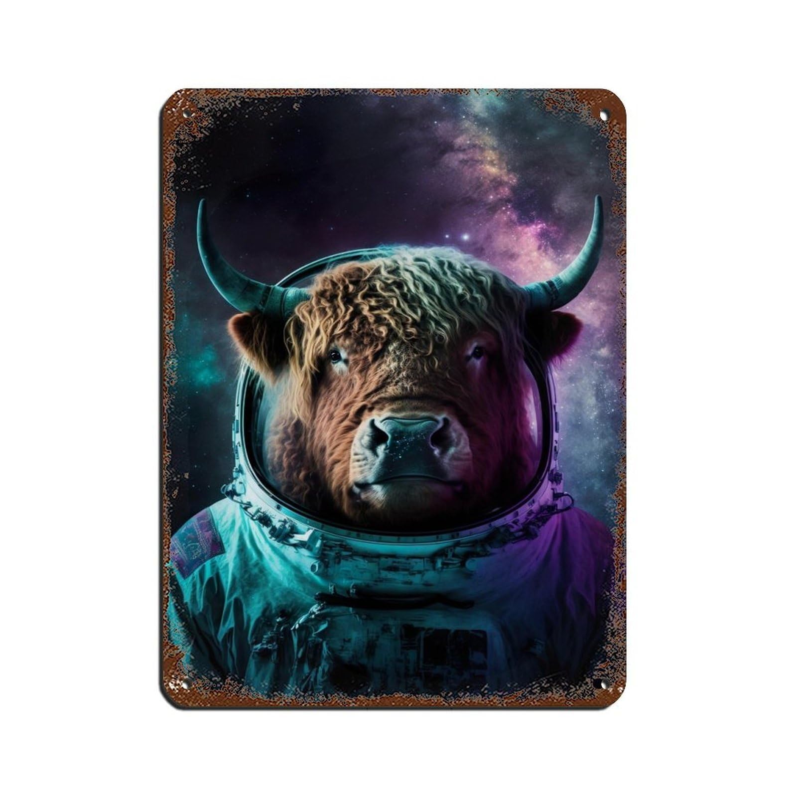 Highland Cow in A Spacesuit, Animal InSpace Retro Poster Metal Tin Sign Chic Art Retro Iron Painting Bar People Cave Cafe Family Garage Poster Wall Decoration 12x16inch(30x40cm)