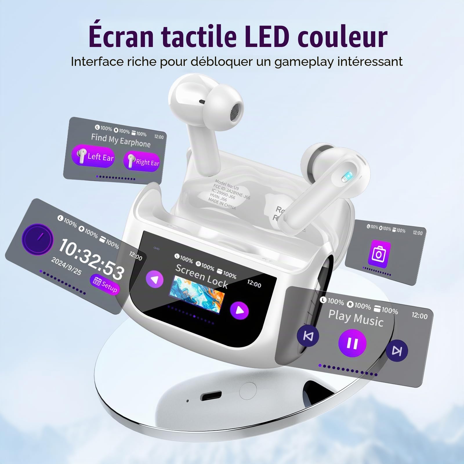 Ecouteurs Bluetooth sans Fil, 48H Écouteur Bluetooth 5.4 avec Écran Tactile Multifonction, IPX7 Étanche Stéréo Immersif Ecouteurs sans Fil avec Réduction du Bruit ANC/ENC/Mode Transparence, Blanc