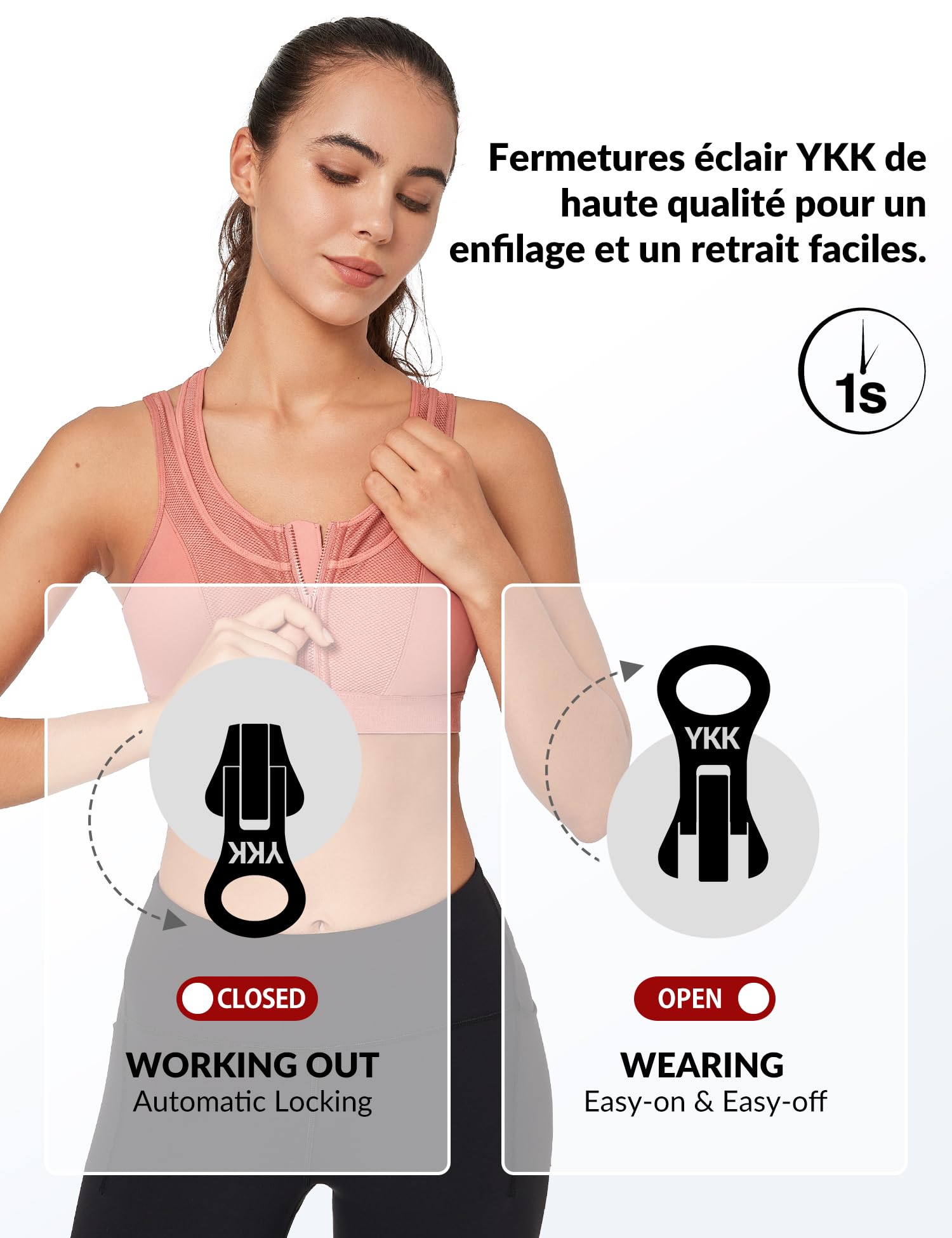 Yvette Soutien Gorge de Sport Femme Fermeture Avant Maintien Fort Grande Taille Rembourré Dos Nageur Fitness
