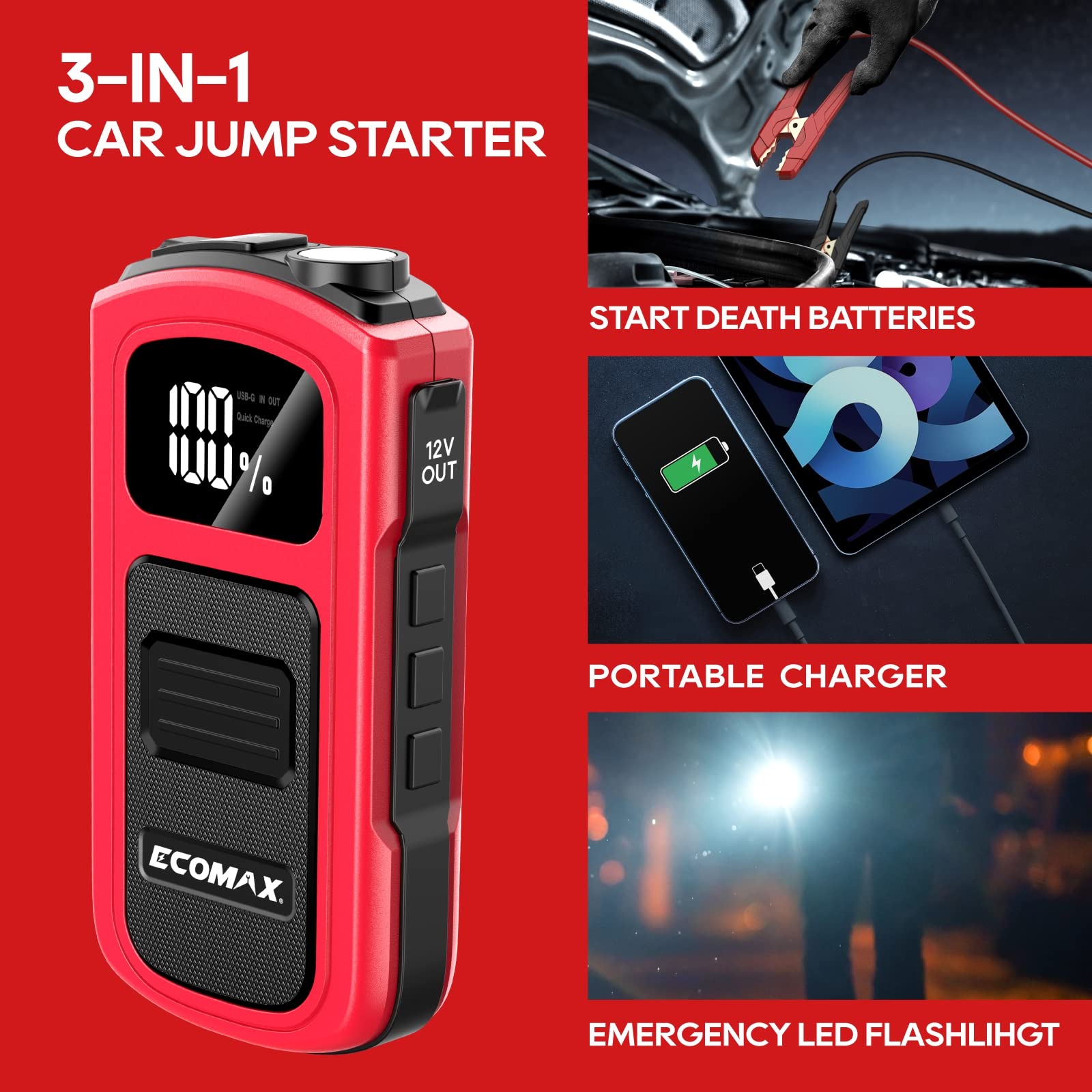 ECOMAX ECA80 Jump Starter, Car Battery Jump Starter, 1500A Peak 15000mAh Portable Car Jump Starter Battery Pack (7L Gas/5L Diesel) with USB/Type-C Quick Charging, LCD Display and LED Light
