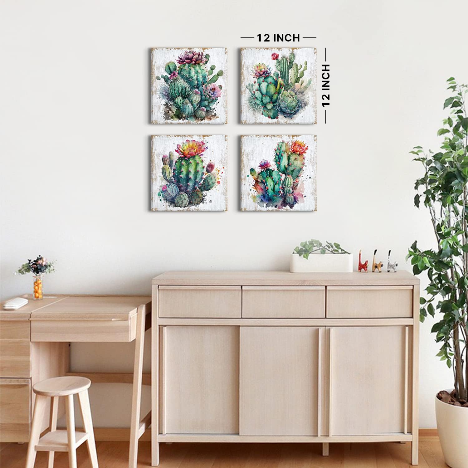Cactus Decor for Bathroom Succulent Cactus Wall Art Western Wall Decor Southwestern Botanical Plants Canvas Prints Mexican Boho Tropical Flowers Artwork Living room Office Home Decorations 12x12" 4Pcs