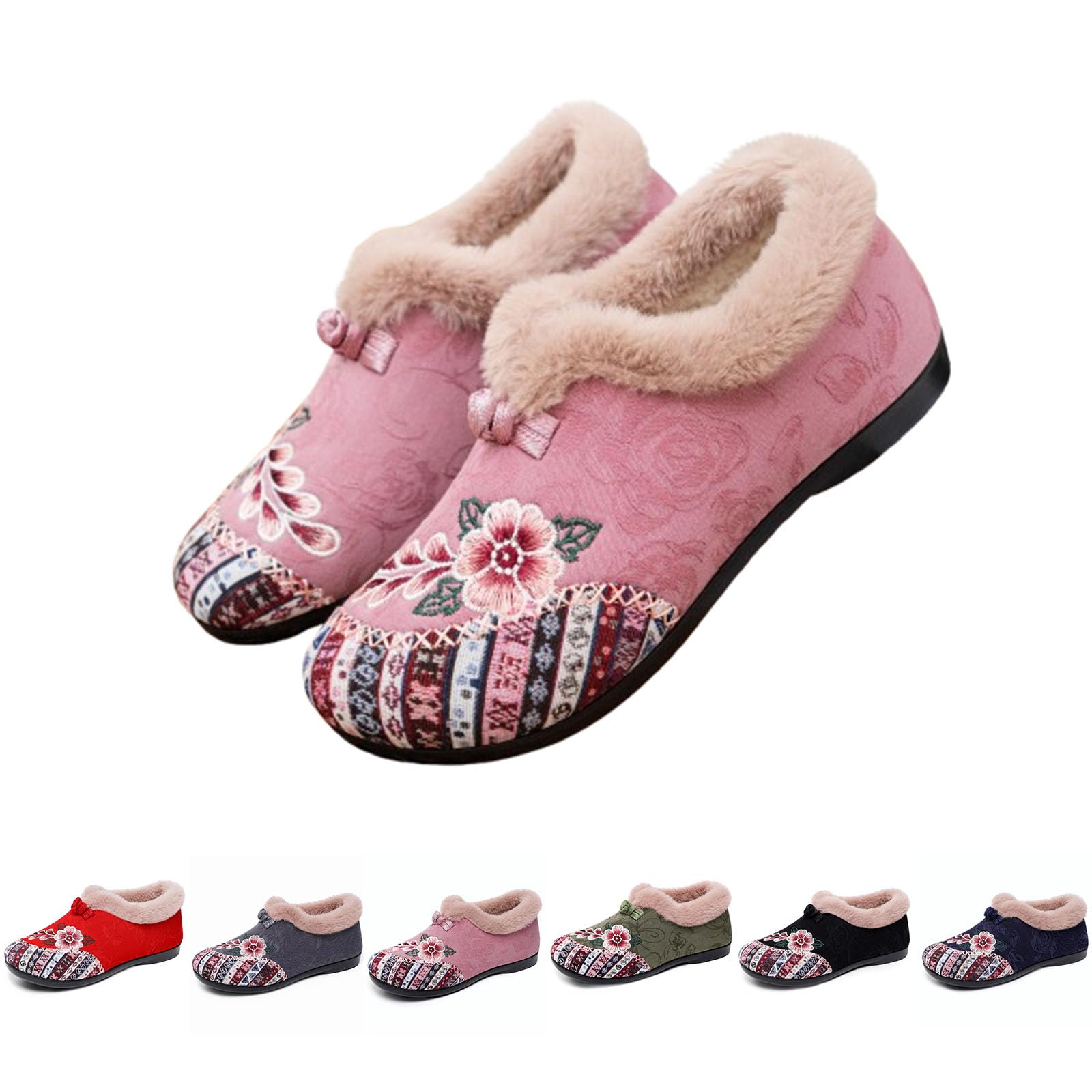 Womens Warm Floral Embroidered Winter Booties Cozy Non-Slip Plush Ankle Shoes Lightweight Slip-On Casual Footwear