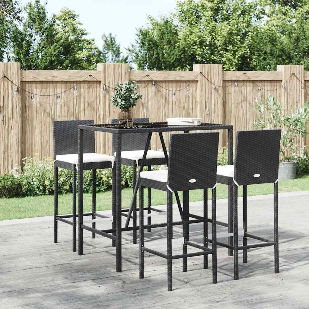 vidaXL Mesa y taburetes Altos jardín 5 pzas y Cojines ratán PE Negro, Mesa y taburetes Altos jardín, Mesa y sillas de Bar, Mesa y taburetes Altos