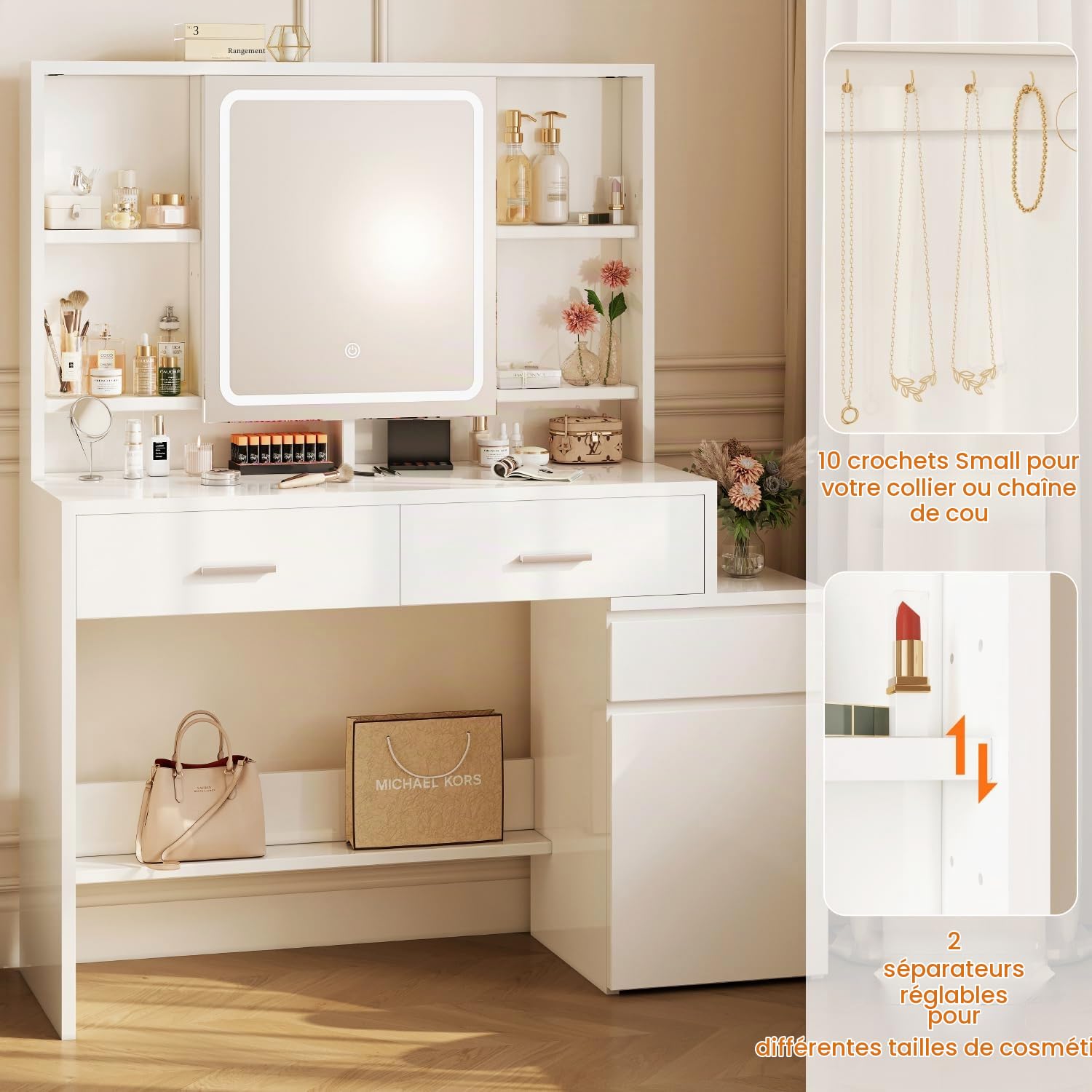 JUMMICO Coiffeuse avec éclairage Miroir LED (3 Niveaux de luminosité et 3 températures de Couleur), Grande Coiffeuse avec 6 Compartiments, 2 tiroirs, Armoire latérale et étagère, 117 x 40 x 140 cm