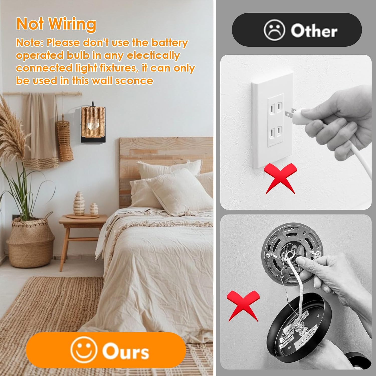 Battery Operated Wall Sconces Set of 2, Wireless Boho Rattan Wall Lights with Dimmable Bulbs, Remote & 12-Color RGB, Rechargeable Lamps for Bedroom, Living Room, Hallway Indoor Lighting