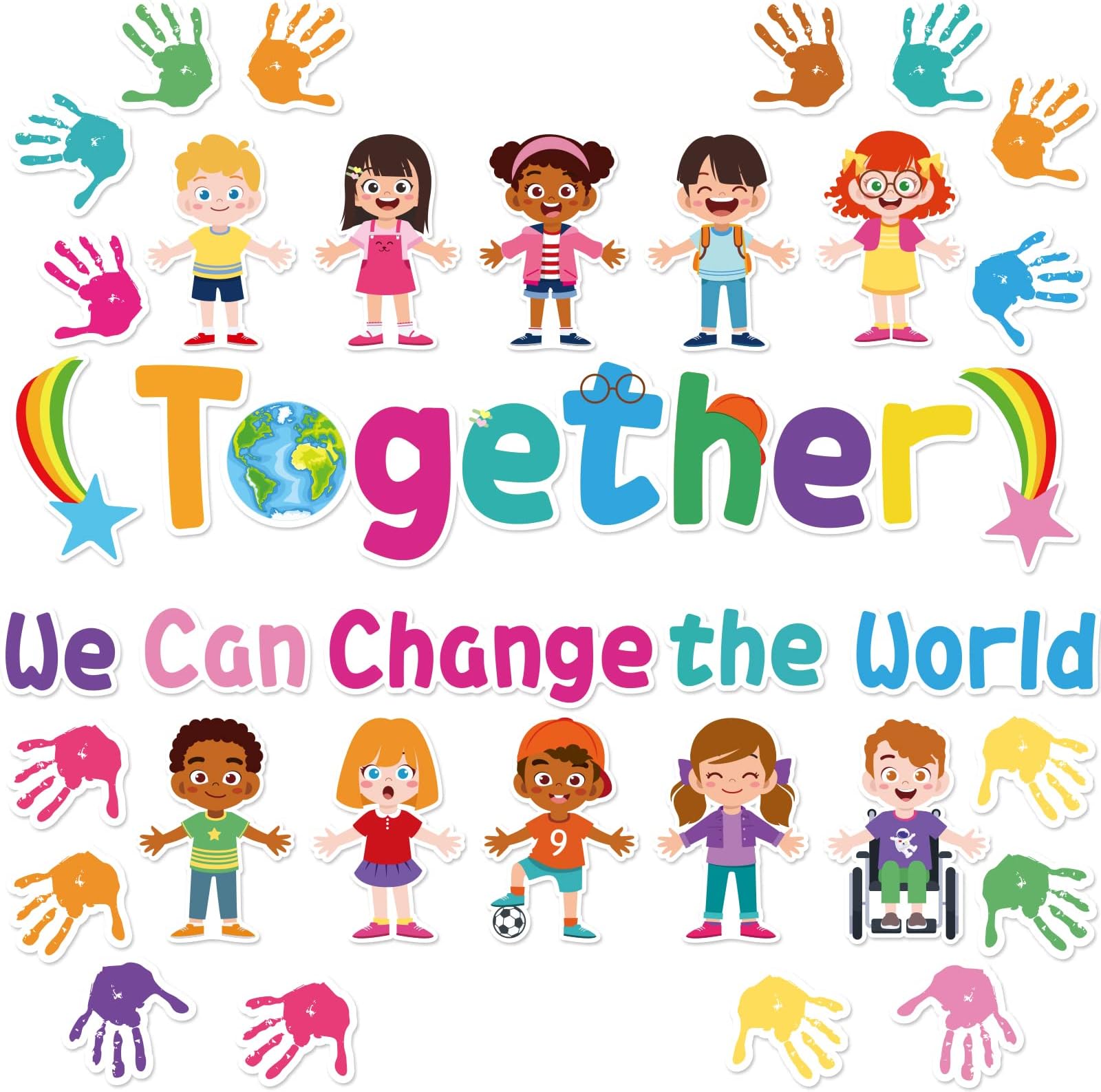 party greeting Together We Can Change The World Classroom Bulletin Board Set Hands with Hearts Diverse Children Cutouts for Kids and Teacher Favor Supplies