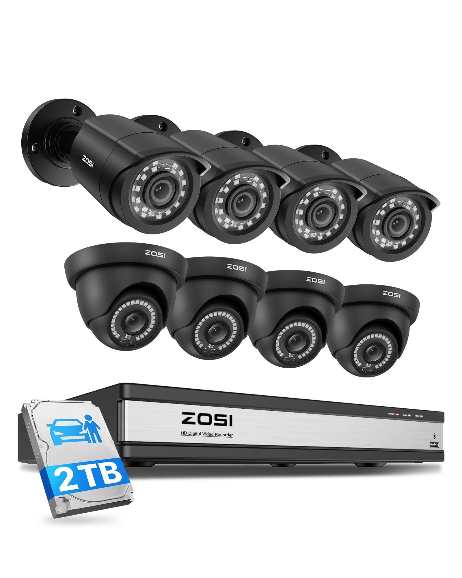 ZOSI 16CH 3K Lite Home Security Camera System,AI Human/Vehicle Detection,Night Vision,Remote Access,8pcs 1080p Outdoor Surveillance Cameras,16 Channel