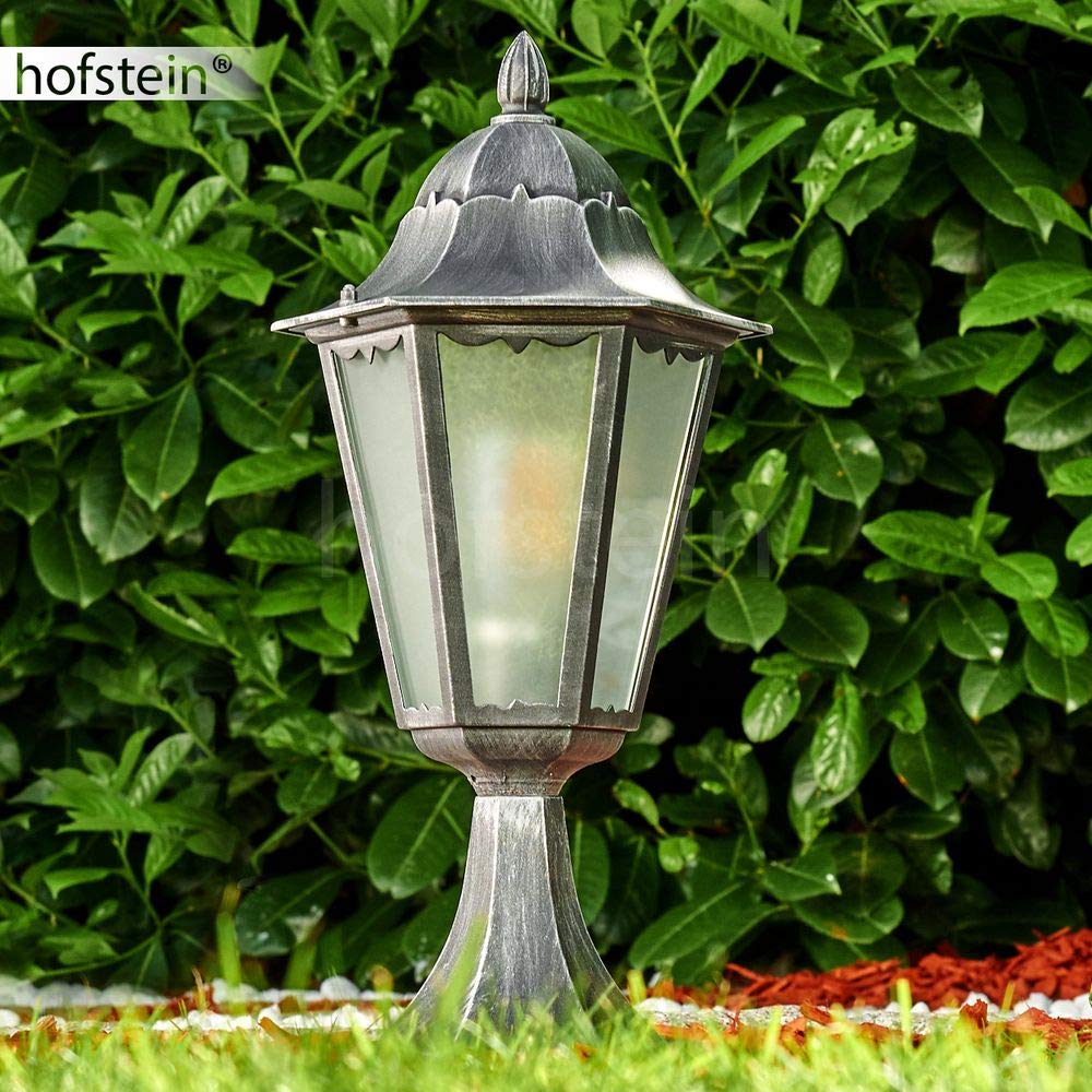 Borne extérieure Lignac, potelet vintage en aluminium moulé noir/argenté et verres dépolis de 74 cm de haut, luminaire pour une ampoule E27, IP44, ampoule(s) non incluse(s)