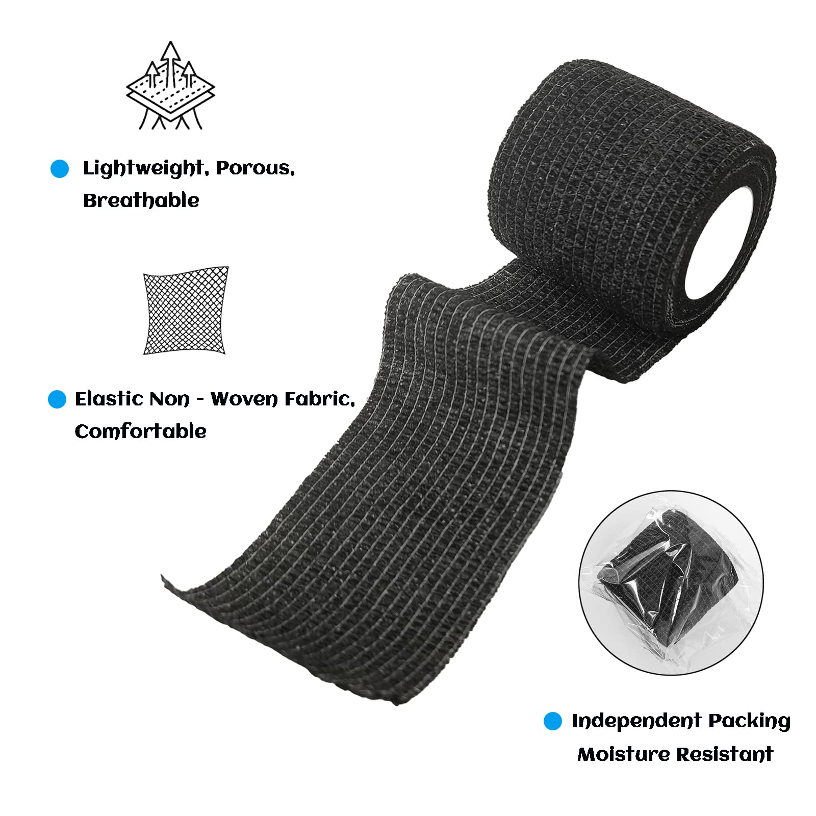 24 Rolls Black Elastic Self Adhesive Bandage Wrap, Breathable Flexible Fabric Non Woven Cohesive Bandage, Ankle Sprains Swelling Medical First Aid Sports Athletic Tape, Dogs Pet Vet Wrap 2” x 5 Yards.