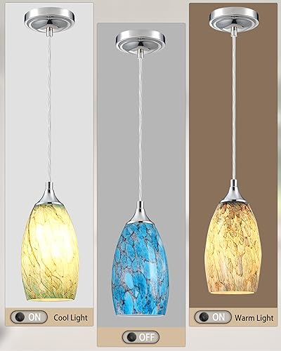 Miniatura 4 de Paquete de 3 lámparas colgantes ajustables para isla de cocina, con acabado de níquel pulido, soplado a mano, cristal de mármol, pantalla para bar,