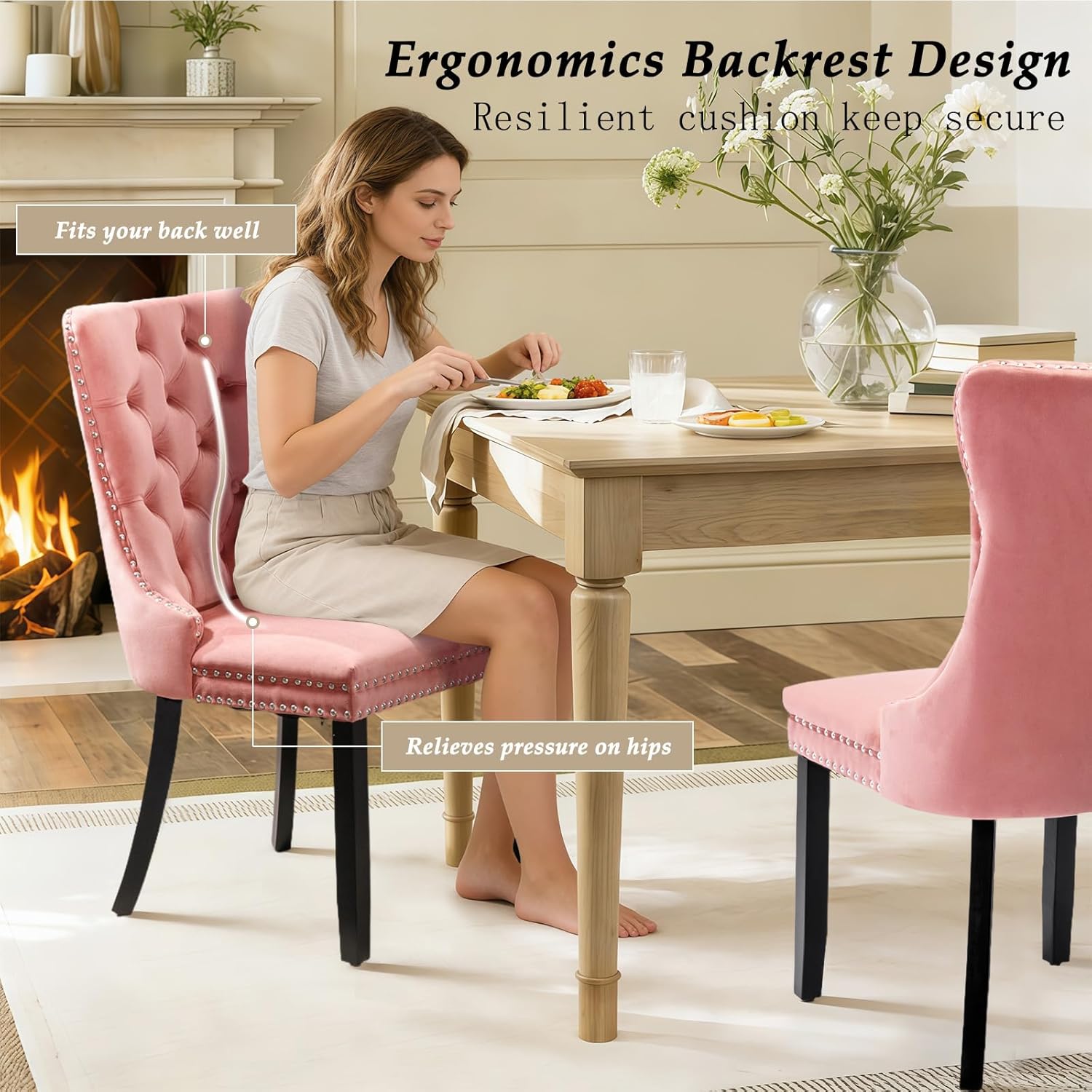 Velvet Dining Chair Set of 8, Upholstered Tufted Dining Room Chair with Nailhead Trim and Solid Wood Leg for Kitchen, Pink