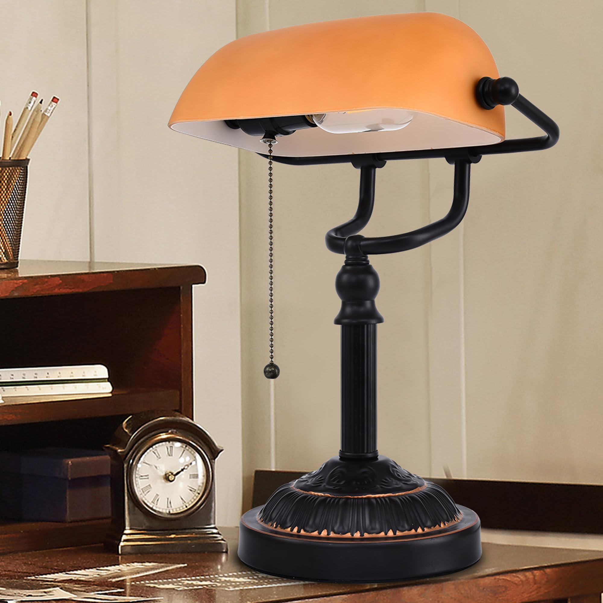 Traditionelle Bankers Lampe mit Zugkettenschalter USB-Anschluss, bernsteinfarbener Glasschirm, Vintage Bibliothekslampe für Büro