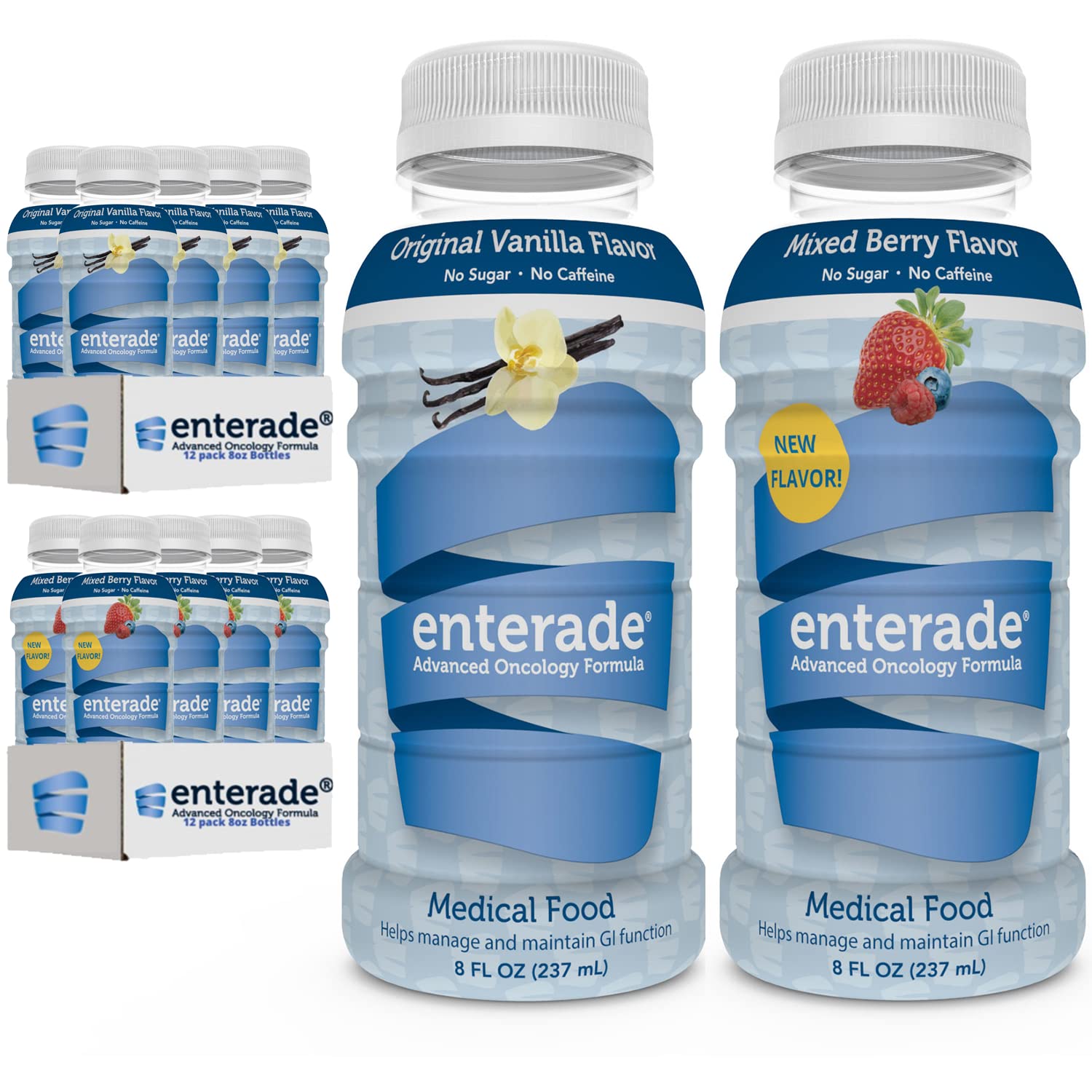enterade AO 24 Bottles Mixed Berry and Vanilla Bundle, Specially Formulated to Reduce Treatment GI Side Effects, 8oz Mixed Berry (1 Pack of 12) + 8oz Vanilla (1 Pack of 12)