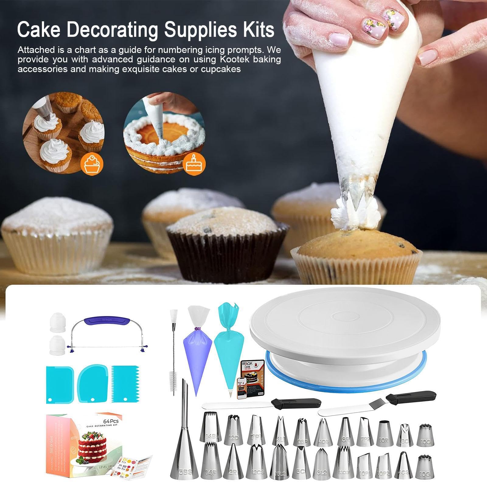 Generisch Kit de decoración de pasteles – 64 herramientas profesionales | con plato giratorio incluido, instrucciones fáciles de principiantes, distribuir eficientemente accesorios para hornear para