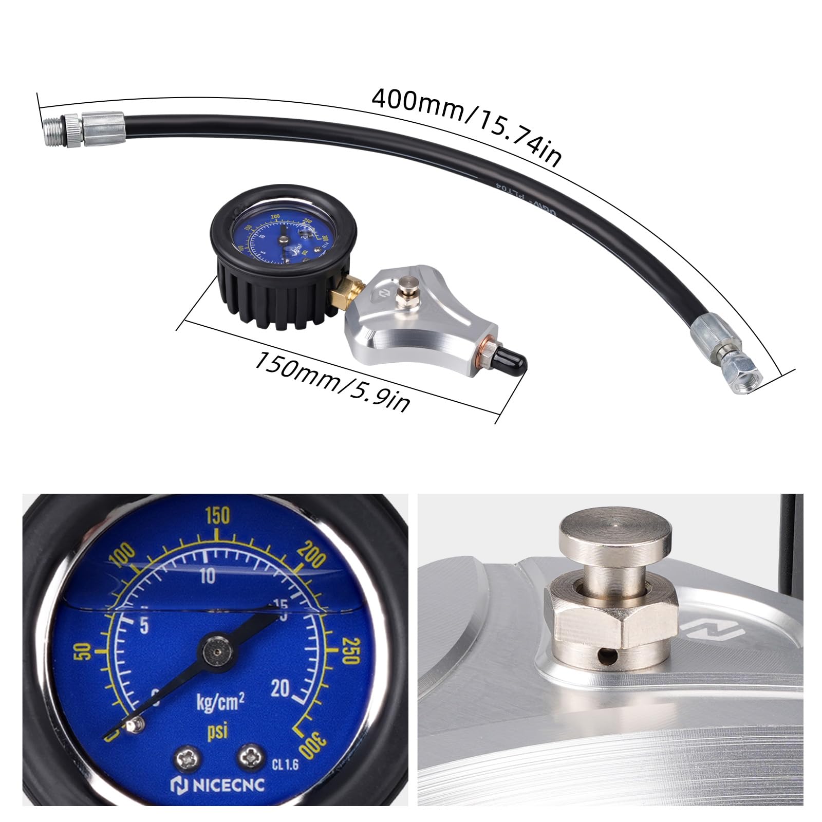 NICECNC Kit de comprobador de compresión de Cilindros de Motor con bujías de 10 mm, 12 mm y 14 mm para Motores de 2 y 4 Tiempos; manómetro de compresión y comprobaciones rápidas rutinarias del Motor