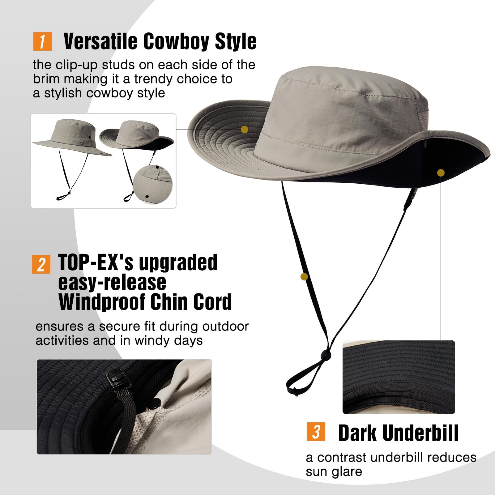 TOP-EX L/XL/XXL UV50+ Cappello da sole impermeabile a tesa larga per pesca estiva escursionismo con cinturino staccabile e rete ventilata