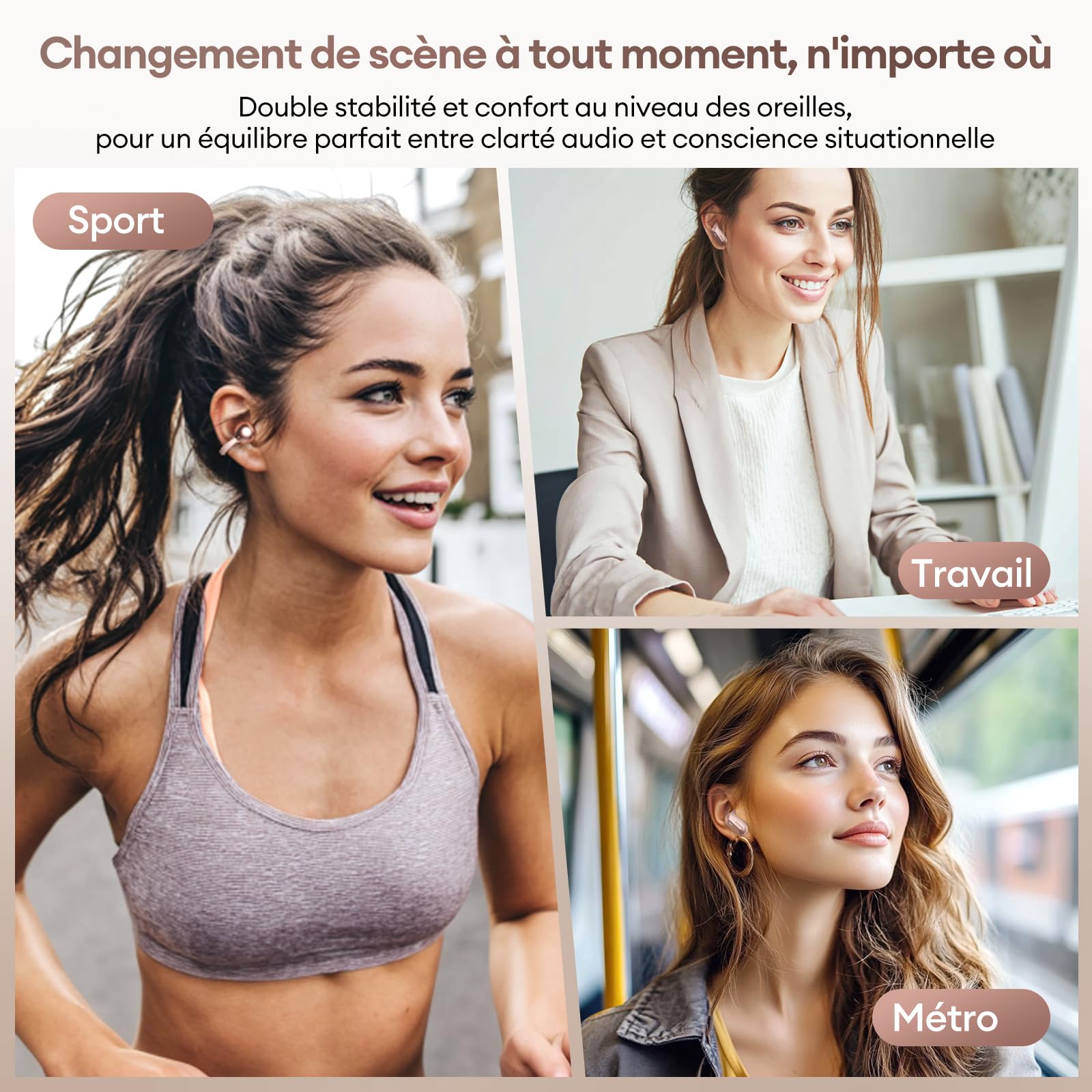 PAXA Double Casque 2-en-1 Clip Open-Ear Écouteurs Bluetooth sans Fil, Bluetooth 6.0-0 Délai, 140H Autonomie, Reconnaissance L/R Automatique, Réduction Bruit Hybride Travail/Sport/Quotidien, Or Rose
