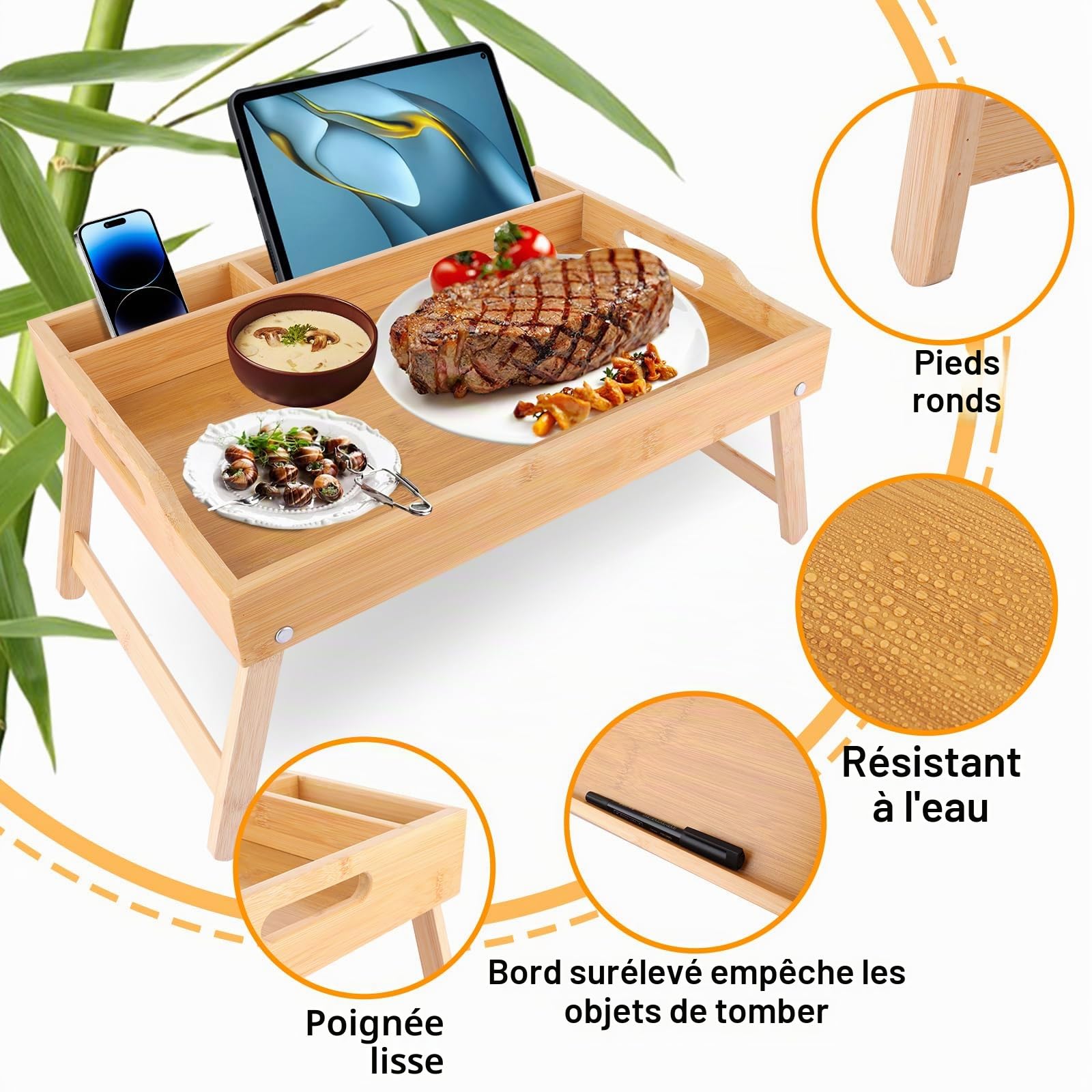 SHUESS Lot de 2 plateaux de lit en bambou - 41,5 x 30 x 20,5 cm Plateau de petit-déjeuner avec pieds pliants - Plateaux pour manger sur les genoux avec emplacement pour appareils multimédia, idéal