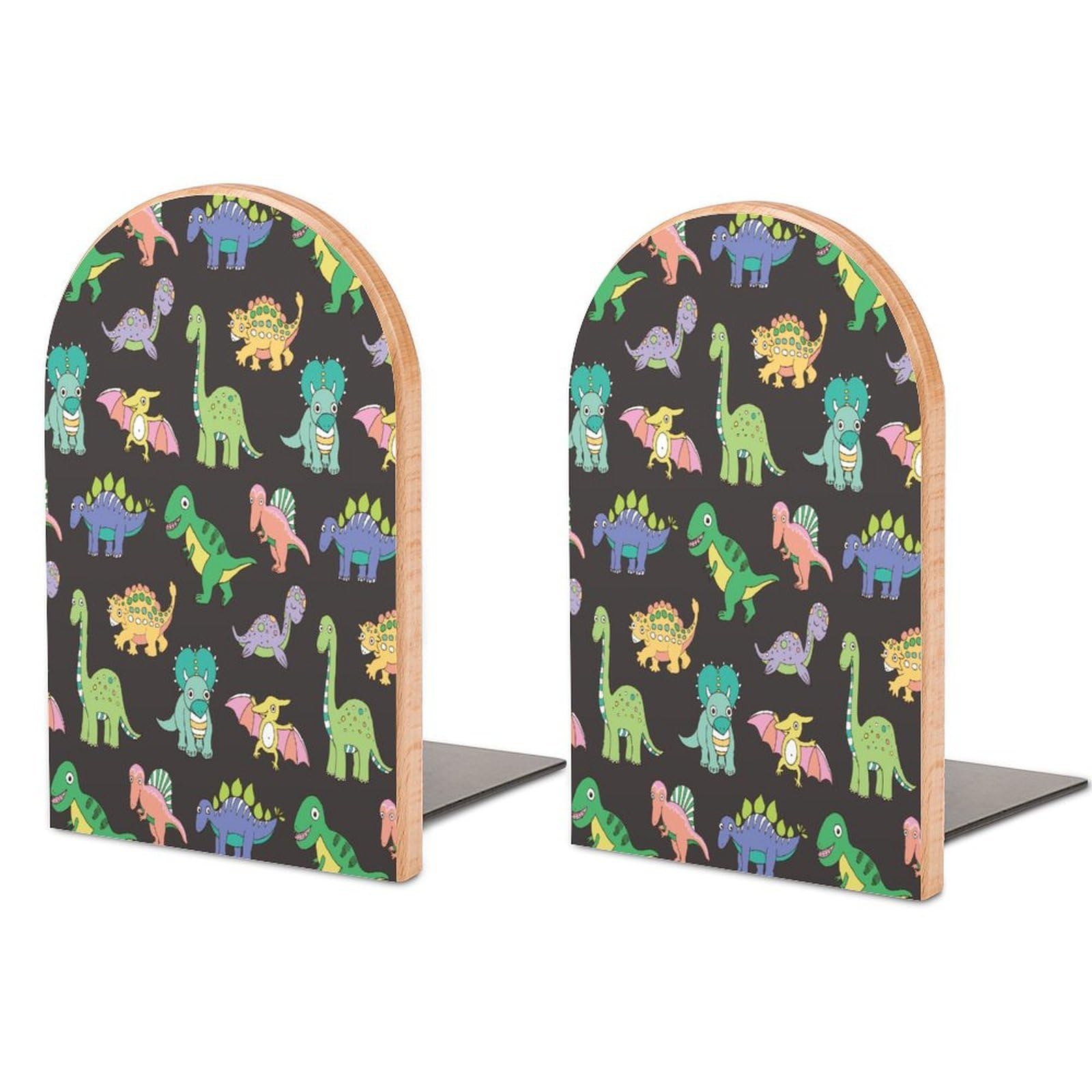 Various Cute Dinosaurs on Black Background Illustration Beech Wood Bookends Heavy Duty Book Organizers Desktop File Holder for Office Home Bookshelf