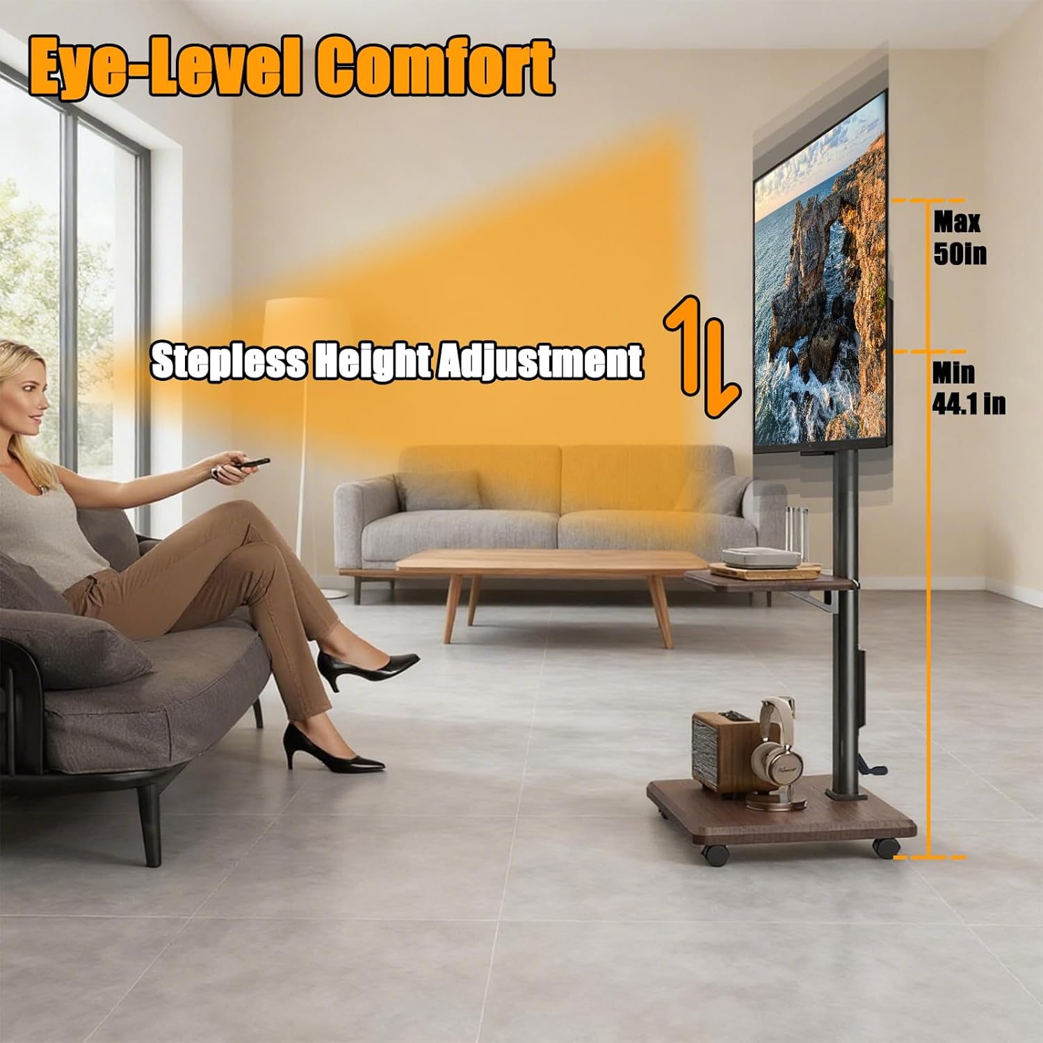 90° Swivel Mobile TV Stand on Wheels with Hand Crank Infinitely Adjustable Height, Portable Rolling TV Stand with Power Outlet, Rolling TV Cart with Wheels for 26 to 32 65 70 75 inch TVs