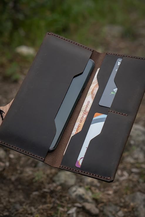 Gerçek Deri Telefon Cüzdanı, iphone cüzdanı, samsung galaxy cüzdanı, xiaomi telefon kılıfı, hakiki deri telefon kılıfı, kartlık ve para bölmeli (Kestane - Koyu Kahverengi)