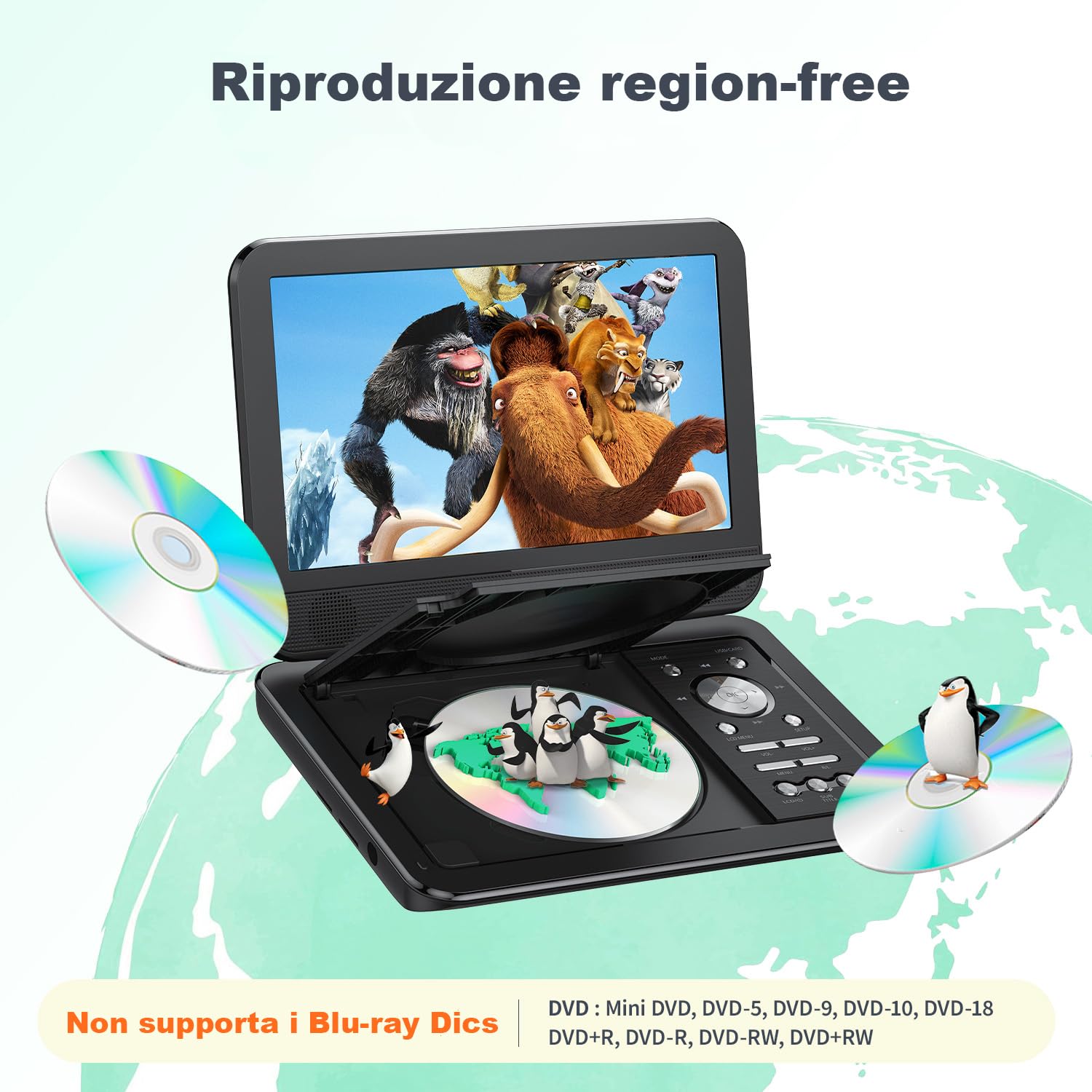 YOTON Lettore DVD Portatile 12,5" con Schermo Girevole HD da 10,5" per Auto e Bambini, con Caricatore per Auto, Supporta 6 Ore di Batteria Integrata e USB/scheda SD/sincronizzazione TV，Nero