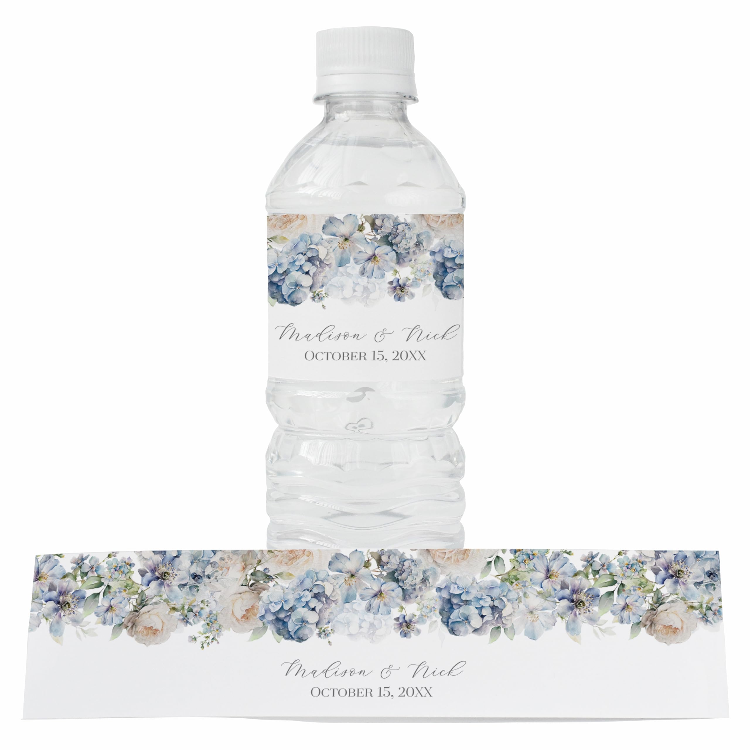 Personalized Water Bottle Labels with Choice of 30 Flower Styles - Choose Font and Pre-Made Phrases or Design Custom Text - LABELS ONLY (022 Blue and