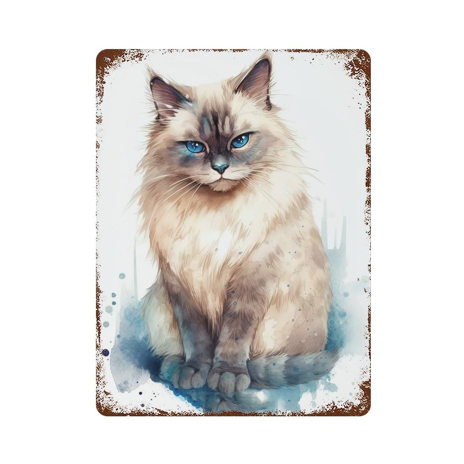 Cute Birman Cat Painting Weathered Tin Sign 15.7"x11.8", Farmhouse Wall Decor for Garage, Pub Or Kitchen