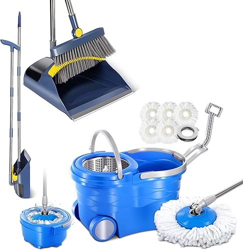 Masthome Trapeador giratorio de 12L y cubo sobre ruedas con 5 cabezales de fregona de microfibra y 1 cabezal de cepillo de piso, escoba y recogedor