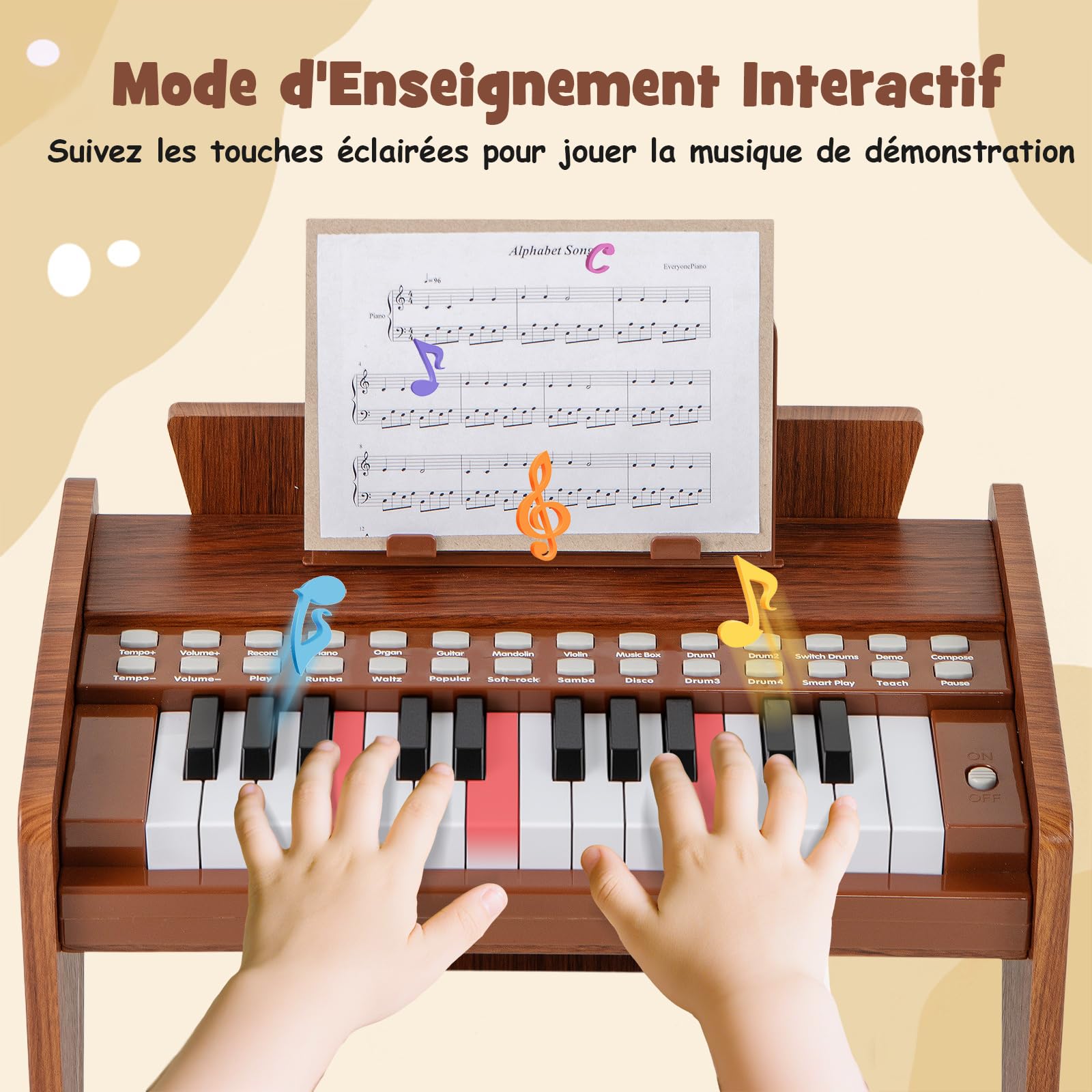 DREAMADE Clavier 25 Touches, Piano Électrique pour Enfants avec 15 Démos, 6 Tonalités et 8 Percussions, Enseignement Guidé par Lumière avec Pupitre Amovible (Marron)