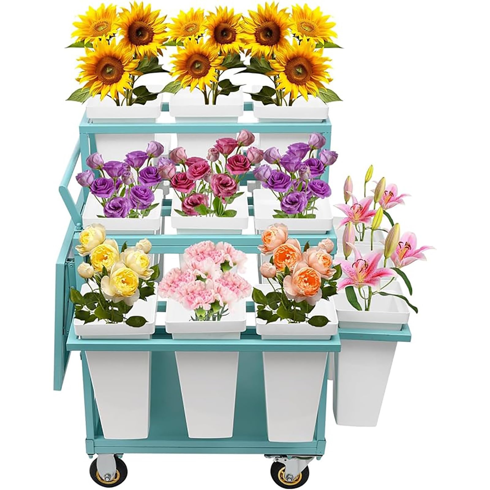 DFGHNBVC 6-Tier Rolling Flower Cart With 18 Buckets, Mobile Florist Display Rack, Metal Garden Plant Stand For Outdoor Bouquet Arrangements,Green