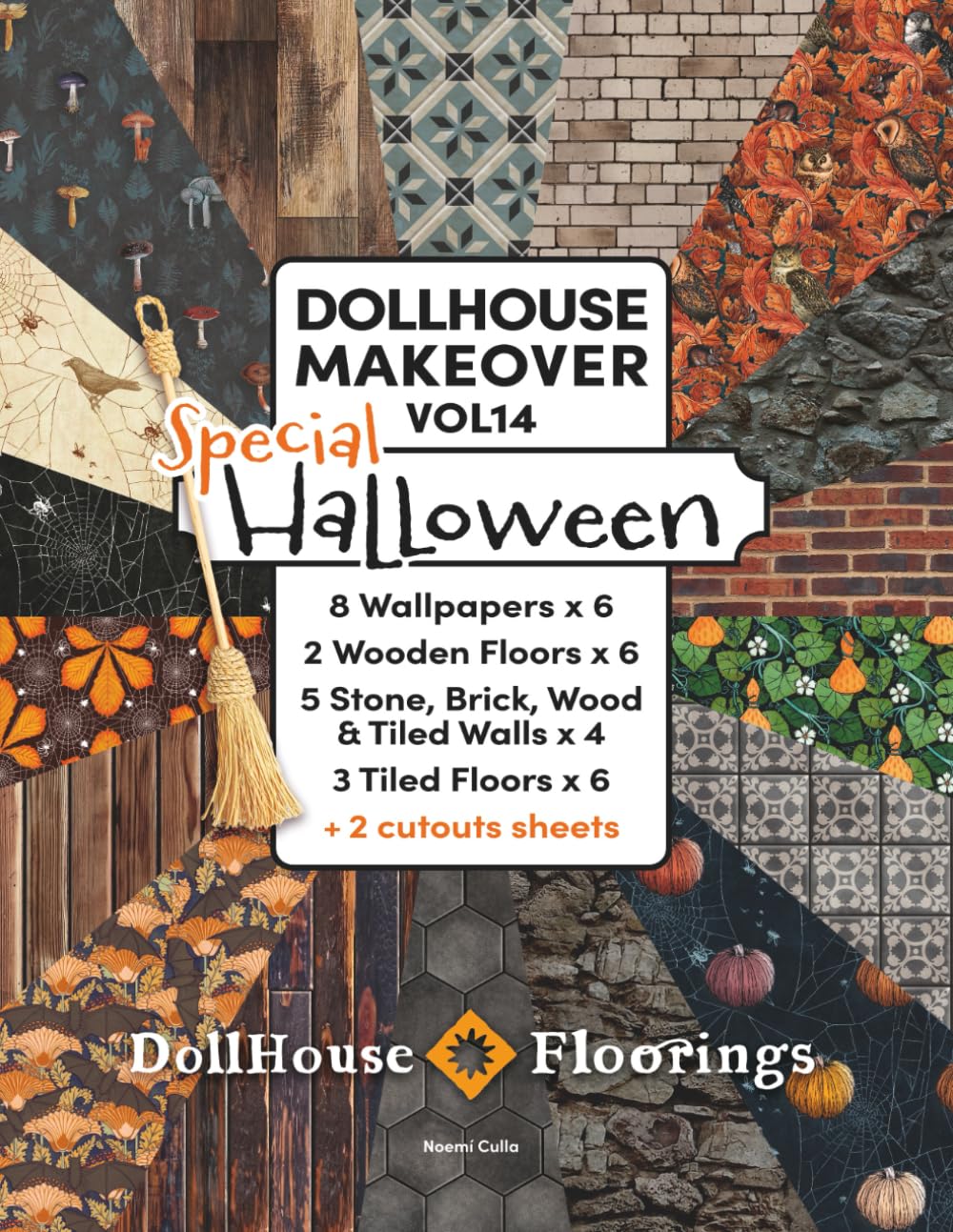 DOLLHOUSE MAKEOVER. VOL14. Special Halloween. 18 miniature covering designs. 212 pages.: 8 Wallpapers x 6, 2 Wooden Floors x 6, 5 Stone, Brick, Wood & Tiled Wall x 4, 3 Tiled floors x 6, 2 cutouts sheets. Ready to cut and glue!