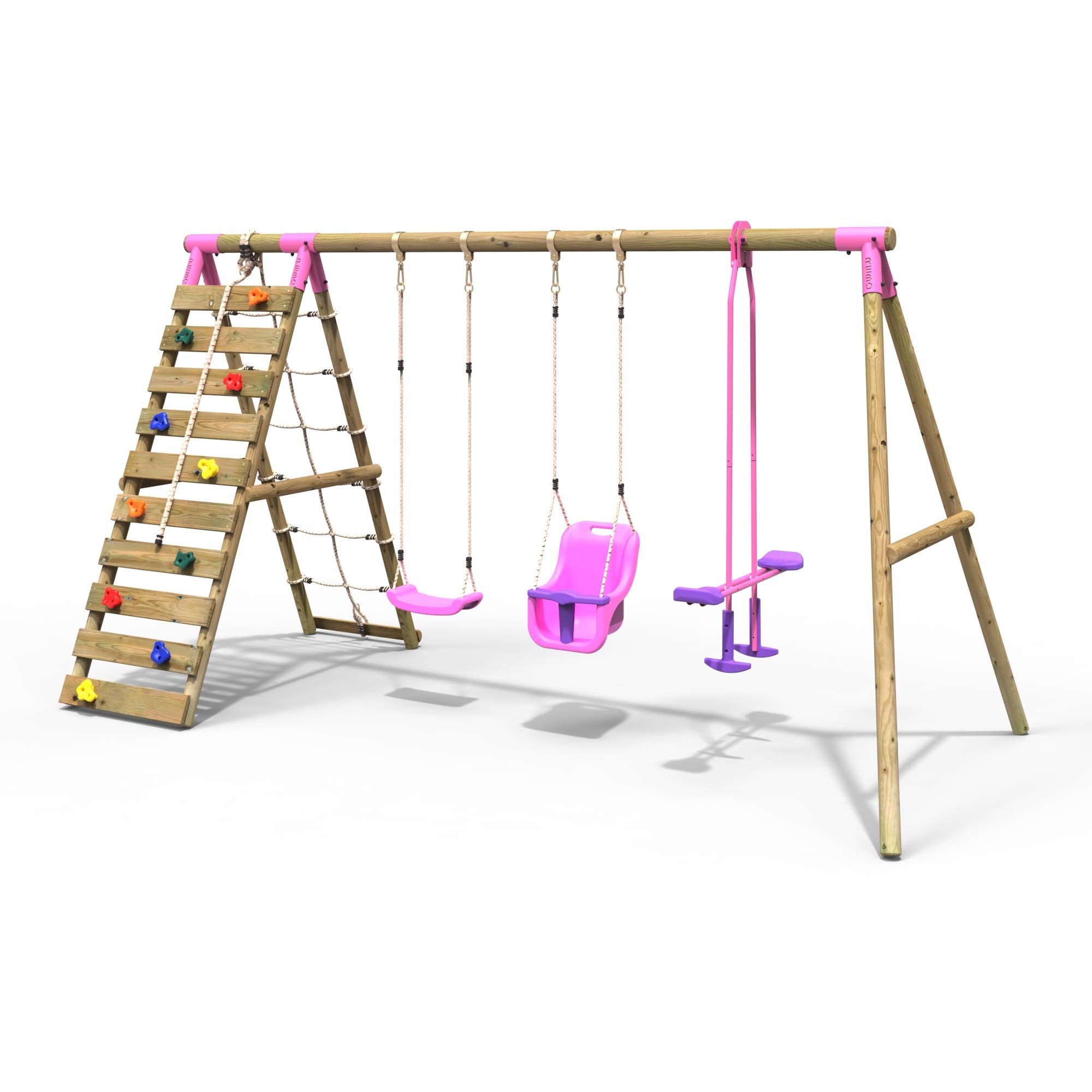 Rebo Wooden Swing Set - Baby Seat, Glider & Climbing Wall - Pink